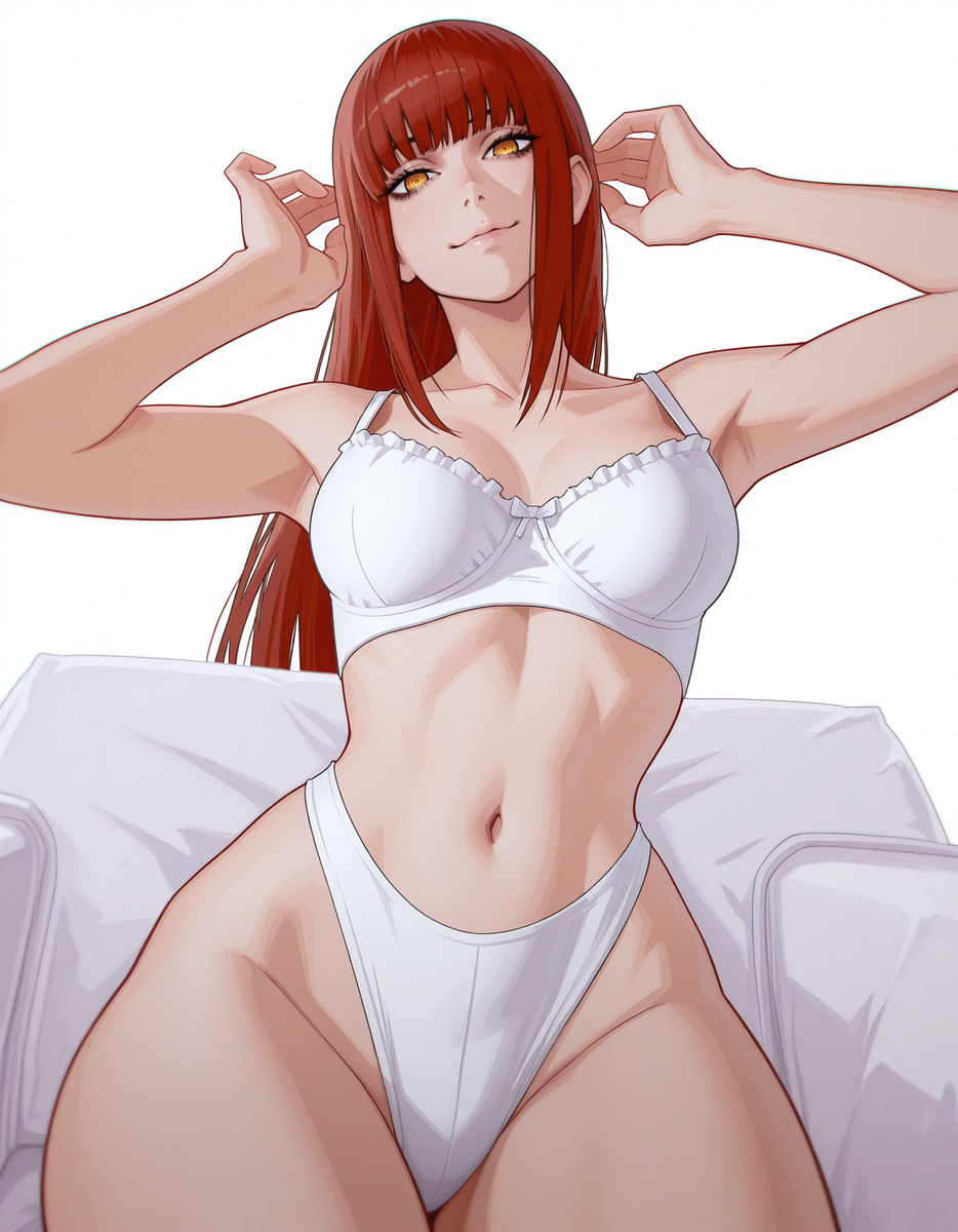 1girls, ai generated, athletic female, bra, chainsaw man, female, fit female, makima (chainsaw man), obliques, panties, red hair, solo, toned female, underwear, underwear only, white bra, white panties, white underwear, yellow eyes, zloimakak