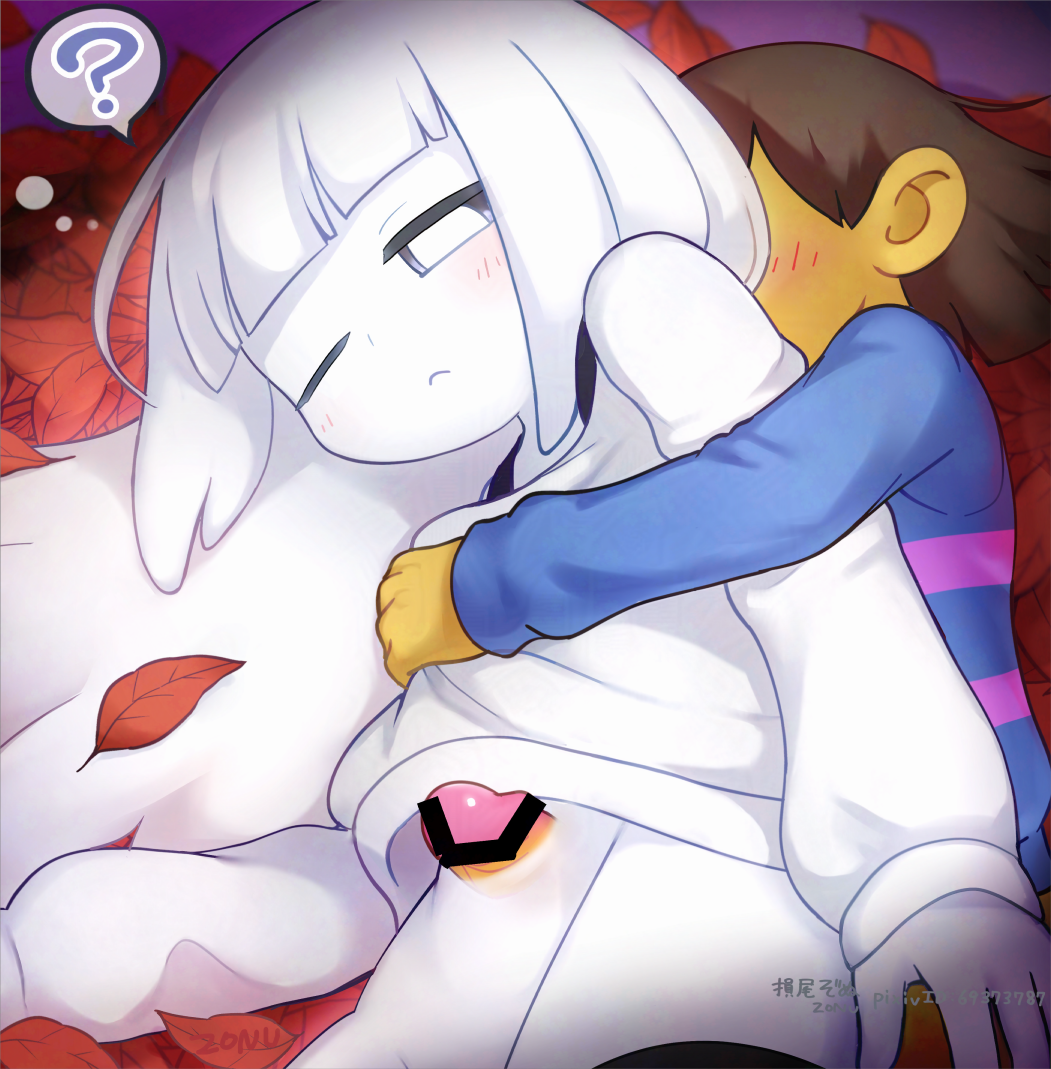 1boy ;< ? bar_censor black_eyes black_thighhighs blue_shirt blunt_bangs bottomless bright_pupils brown_hair censored closed_mouth colored_skin commentary_request cowboy_shot female frisk_(undertale) genderswap_(otf) genderswap_(otm) ghost ghost_girl hair_behind_ear hair_spread_out in-universe_location leaf long_hair long_sleeves lying napstablook on_side one_eye_closed penis personification pink_shirt puffy_long_sleeves puffy_sleeves rule_63 sex sex_from_behind shirt spoken_question_mark striped_clothes striped_shirt thighhighs two-tone_shirt undertale vignetting white_hair white_pupils white_shirt white_skin yellow_skin zonuthezombie
