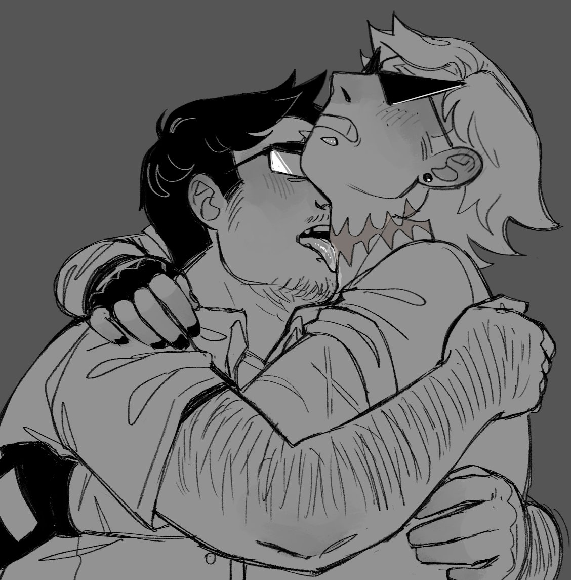 beard, beard stubble, blush, blushing, desperation, dirk strider, embrace, embracing, fingerless gloves, gay, glasses, gloves, grabbing clothing, grimace, hairy, hairy arms, hairy male, heavy petting, holding each other, homestuck, horny, hugging, jake english, kissing neck, licking, licking neck, male, male only, mustache, passionate, piercing, piercings, saliva, saliva trail, scar, sickhoondr, sunglasses, tagme