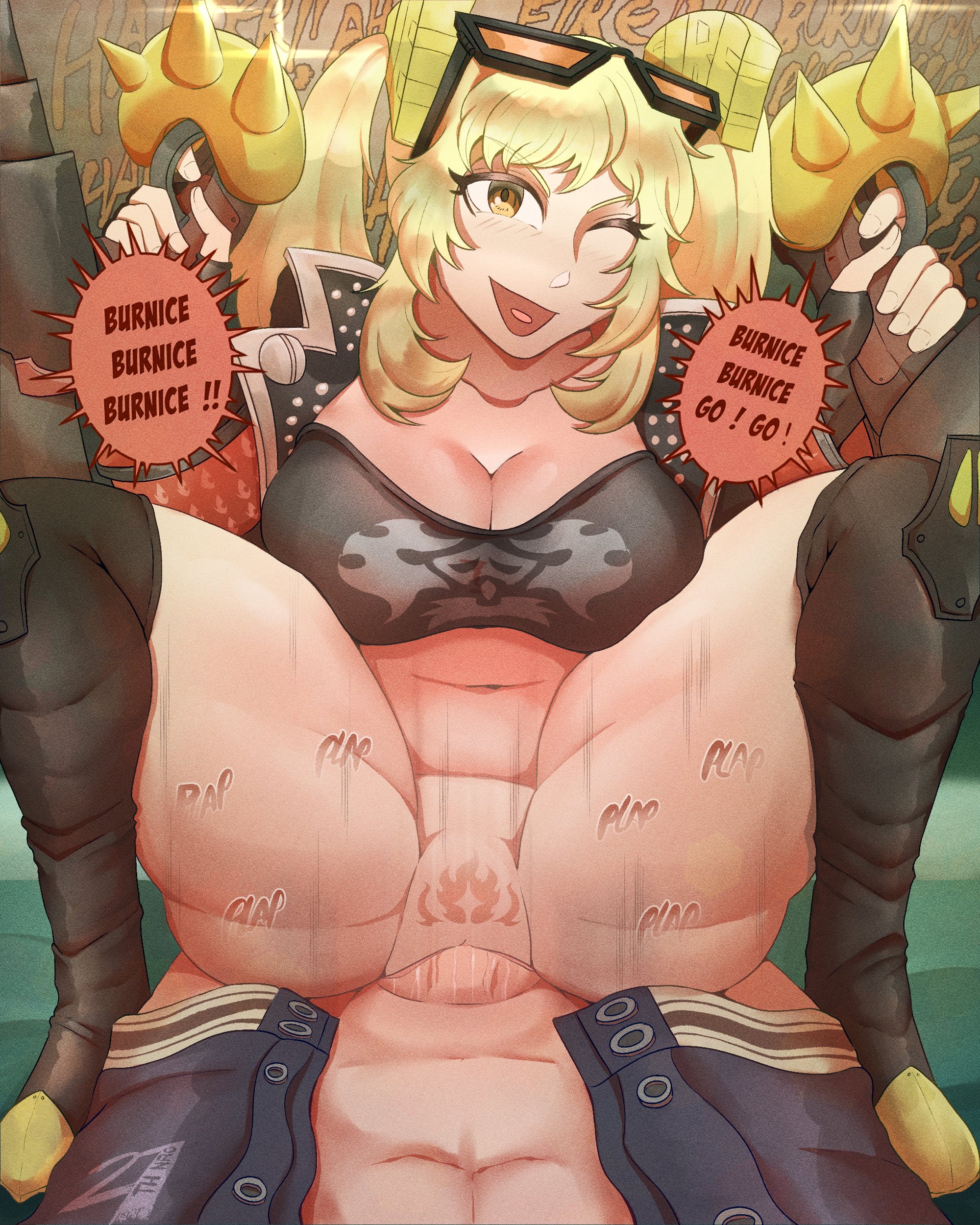 1boy, 1girls, 27thnao, blonde hair, burnice white, cleavage, cowgirl position, english text, erection, eyewear on head, female, female focus, female on top, female penetrated, hair ornament, hoyoverse, leather jacket, light skin, light-skinned female, light-skinned male, male, male penetrating, male penetrating female, male/female, mihoyo, mihoyo technology (shanghai) co. ltd., one eye closed, open jacket, open mouth, penis, pubic tattoo, pussy, sex, speech bubble, squatting, squatting cowgirl position, straight, sunglasses on head, tattoo, thigh boots, topwear, twintails, uncensored, vagina, vaginal penetration, vaginal sex, wise (zenless zone zero), zenless zone zero