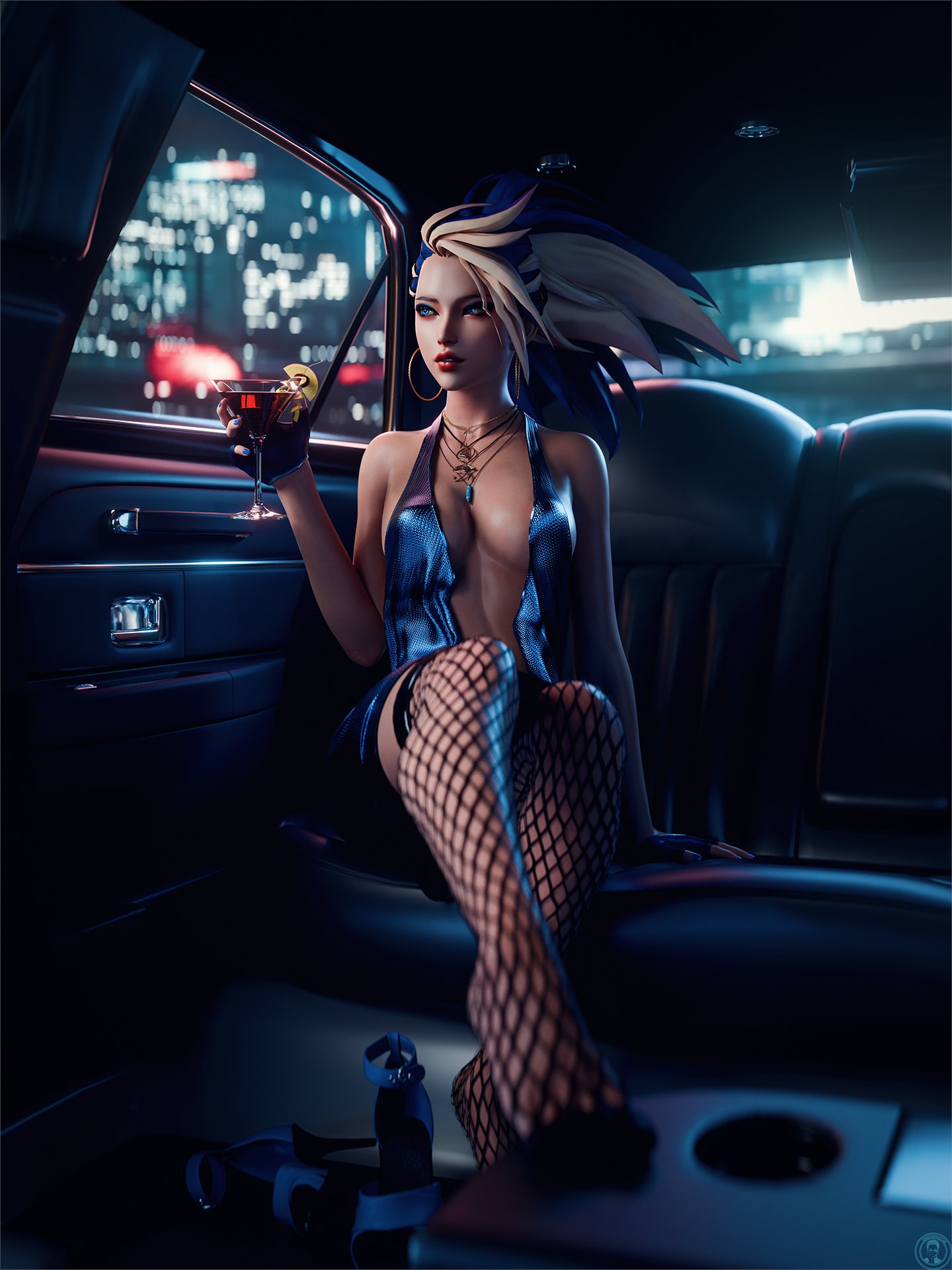 1girls, 2025, 3d, akali, akali jhomen tethi, alternate version available, areola slip, areolae, arm support, barefoot, blonde hair, blue hair, blue nail polish, breasts, car, city background, cleavage, clothed, clothed female, clothing, cocktail, cocktail dress, cocktail glass, covered breasts, detailed background, dress, earrings, female, female only, fingerless gloves, fishnet stockings, fishnets, greengiant3d, heels, high ponytail, holding glass, holding object, hoop earrings, indoors, k/da akali, k/da all out series, k/da series, league of legends, lipstick, looking away, makeup, nail polish, necklace, nipple outline, painted nails, red lipstick, sitting, solo, two-tone hair