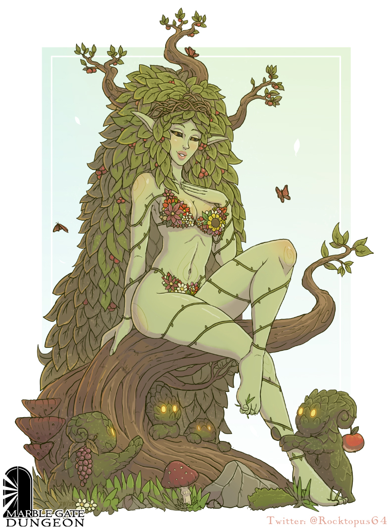 barefoot brett_neufeld dryad elemental_humanoid fairy female green_skin marble_gate_dungeon plant_hair plant_humanoid pointy_ears