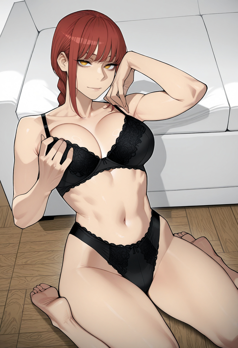 1girls, ai generated, black bra, black panties, bra, chainsaw man, female, makima (chainsaw man), panties, red hair, solo, underwear, underwear only, yellow eyes, zloimakak