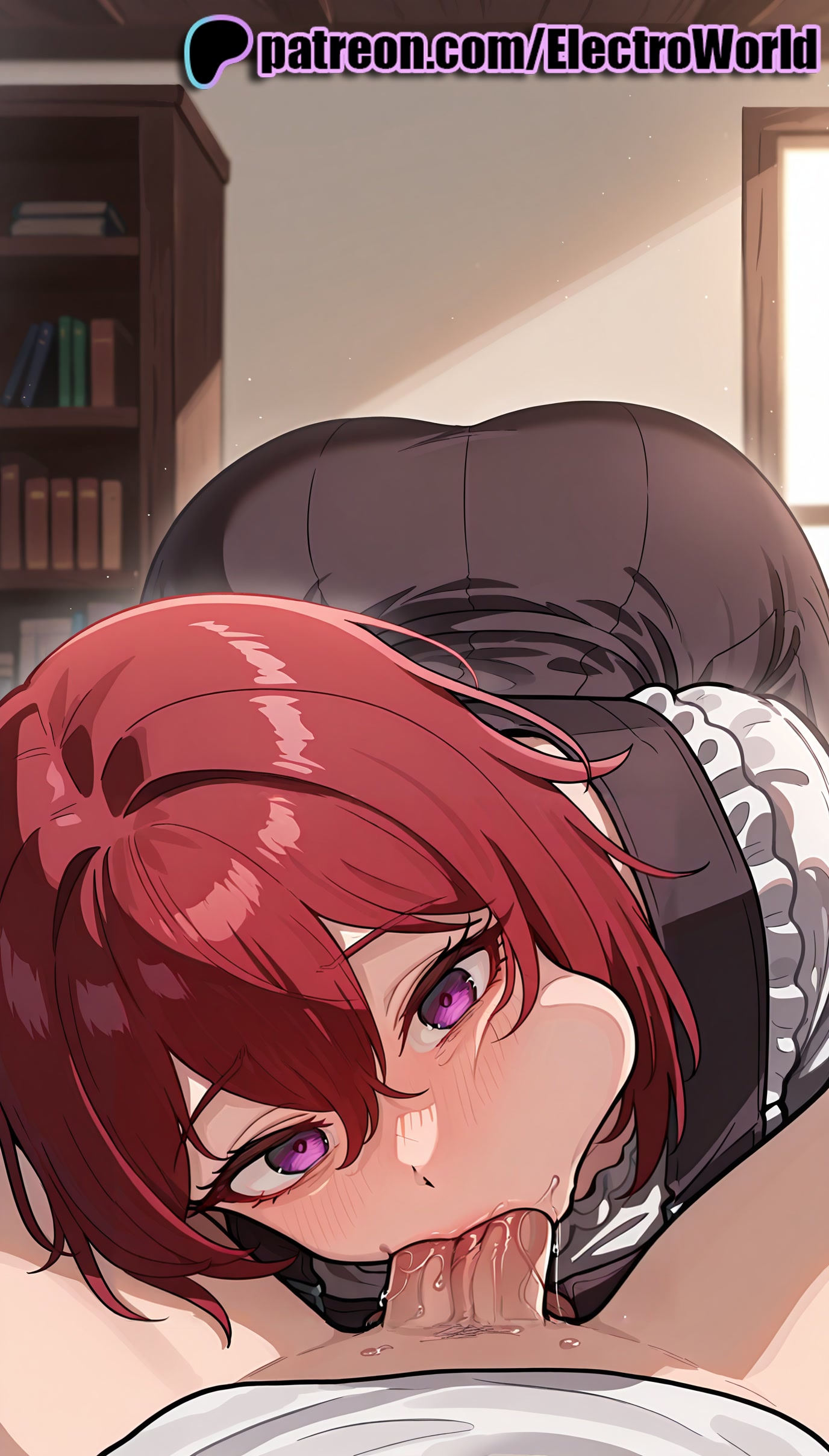 :>=, 1boy, 1girls, 2025, ai generated, artist name, blowjob, blowjob face, blush, book, bookshelf, cheek bulge, cock, cow girl (goblin slayer), deep blowjob, dick, electroworld, fellatio, female, goblin slayer, hi res, high quality, high resolution, highres, indoors, licking, looking at viewer, male, mole, oral, oral sex, patreon, patreon username, penis, purple eyes, red hair, stable diffusion, straight, sucking, watermark