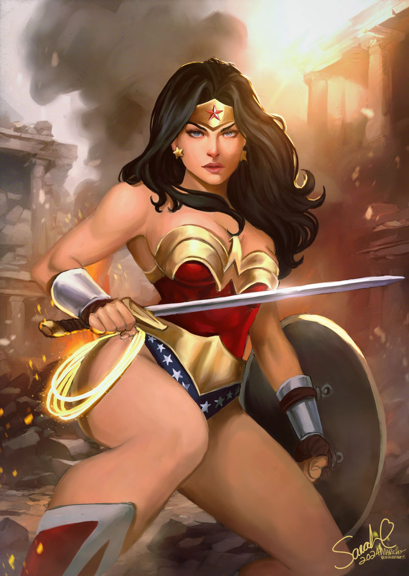 armor bare_shoulders black_hair blue_eyes boots breasts circlet cleavage clothing crown dc dc_comics diana_prince dress earrings female female female_only forty_fathoms_(artist) headwear holding holding_sword holding_weapon jewelry large_breasts leotard lips long_hair looking_at_viewer red_leotard shield solo star_(symbol) star_earrings star_print strapless strapless_leotard superhero sword tiara weapon wonder_woman wonder_woman_(series)