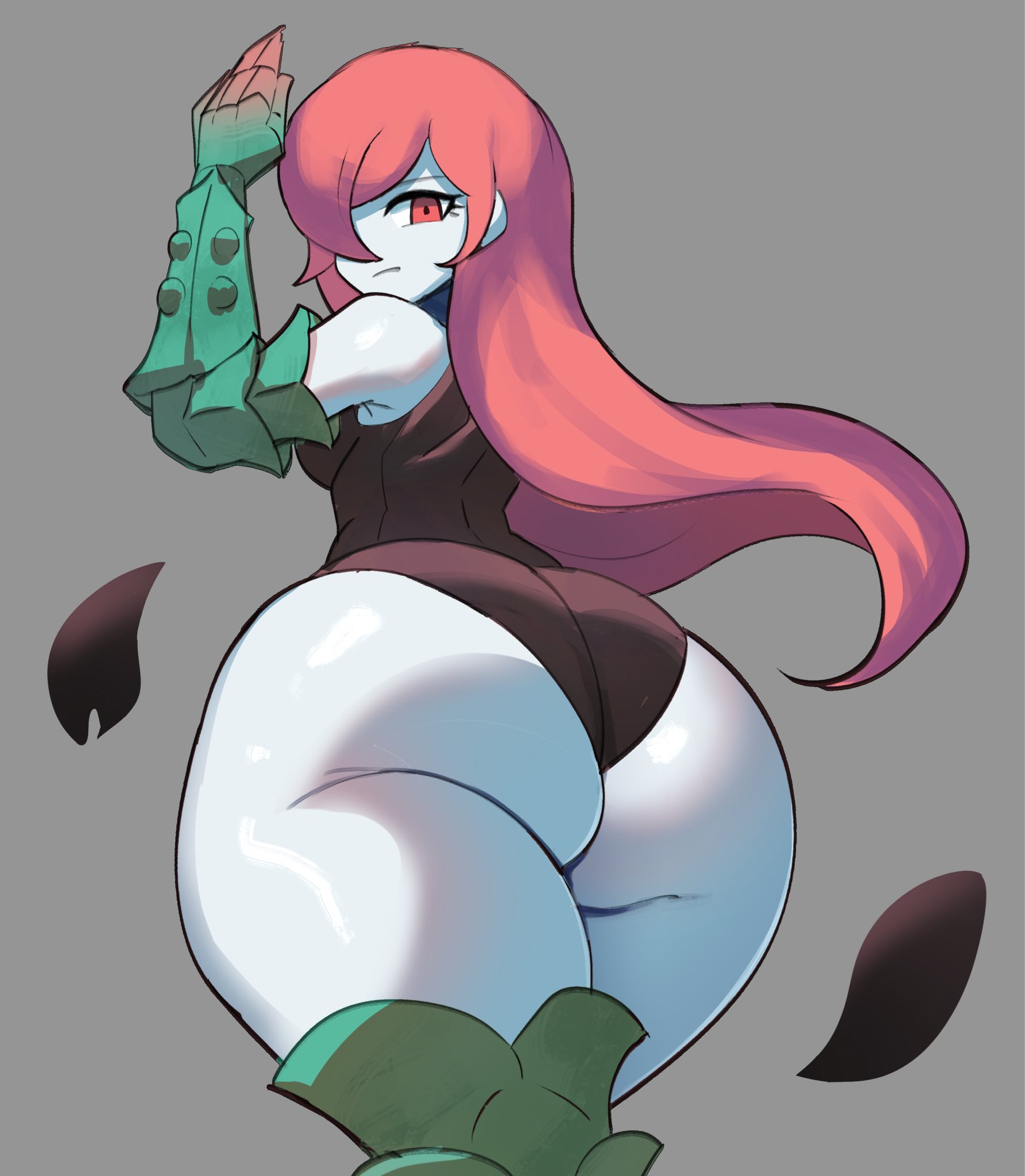 1girls, ass, ass focus, boktai, bursting butt, curvy female, curvy hips, female, inconvenient ass, inconvenient butt, jpg, leotard, long hair, looking at own ass, looking at own butt, looking at viewer, looking back, looking back at self, looking down, monster girl, one eye obstructed, plant girl, plant humanoid, red durathror, red eyes, red hair, slightly chubby, slightly chubby female, solo, solo female, tagme, twitter link, undersized clothes, undersized clothing, wardrobe malfunction, ytrall