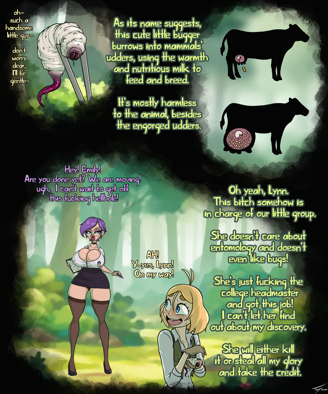 2025, big breasts, big lips, bimbo, black skirt, blonde hair, blue eyes, blush, bovine, button down shirt, choker, clipboard, comic, english text, female, forest, freckles, glasses, gloves, heels, light skin, light-skinned female, nervous, nervous smile, parasite, pen, purple hair, shirt, signature, skirt, smile, stockings, sweat, text, toby art, tree, tweezers, white shirt