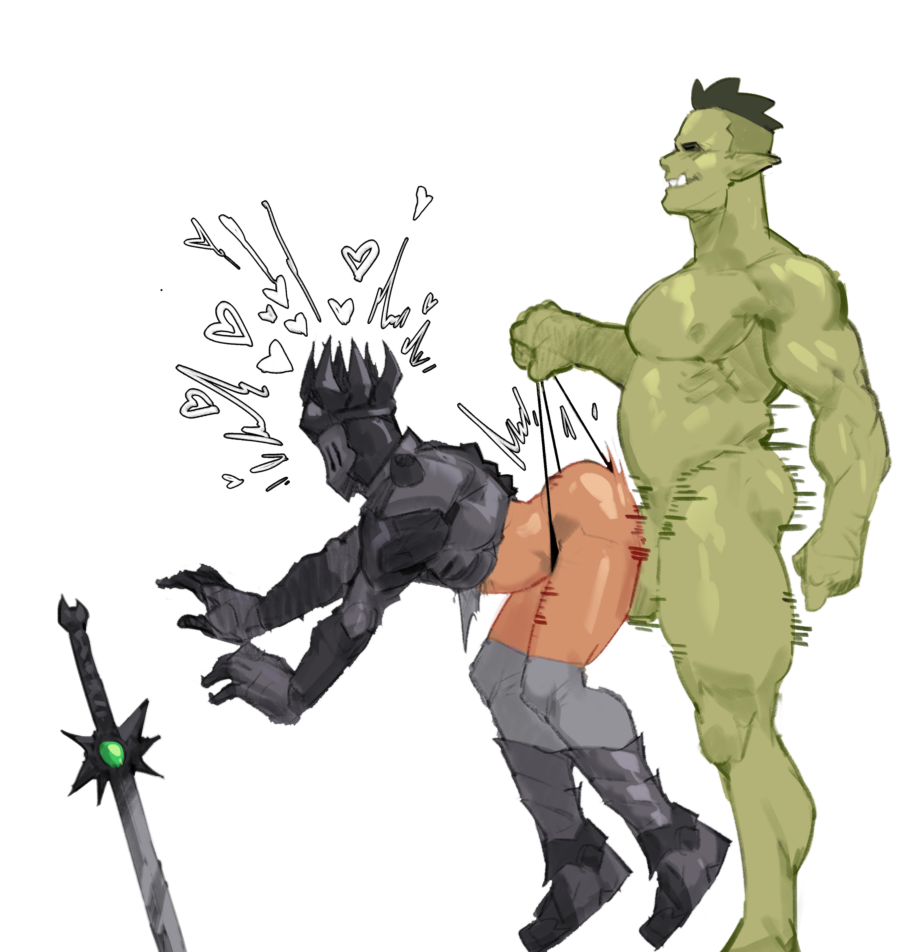 anal, anal sex, armor, ass, boots, chubby belly, dangling legs, daspurplesong, dominant, dominant male, domination, domination/submission, gauntlets, gay, gay sex, gloves, green body, green skin, green-skinned male, helmet, knight, lifted by another, lifted by thong, lifting clothing, light skin, light-skinned male, male, male only, male penetrated, male penetrating, male penetrating male, male/male, motion lines, muscular, muscular male, naked, naked male, nude, nude male, orc, pointed ears, pointy ears, shaved head, submission, submissive, submissive male, sword, thighs, thong, wedgie, yaoi