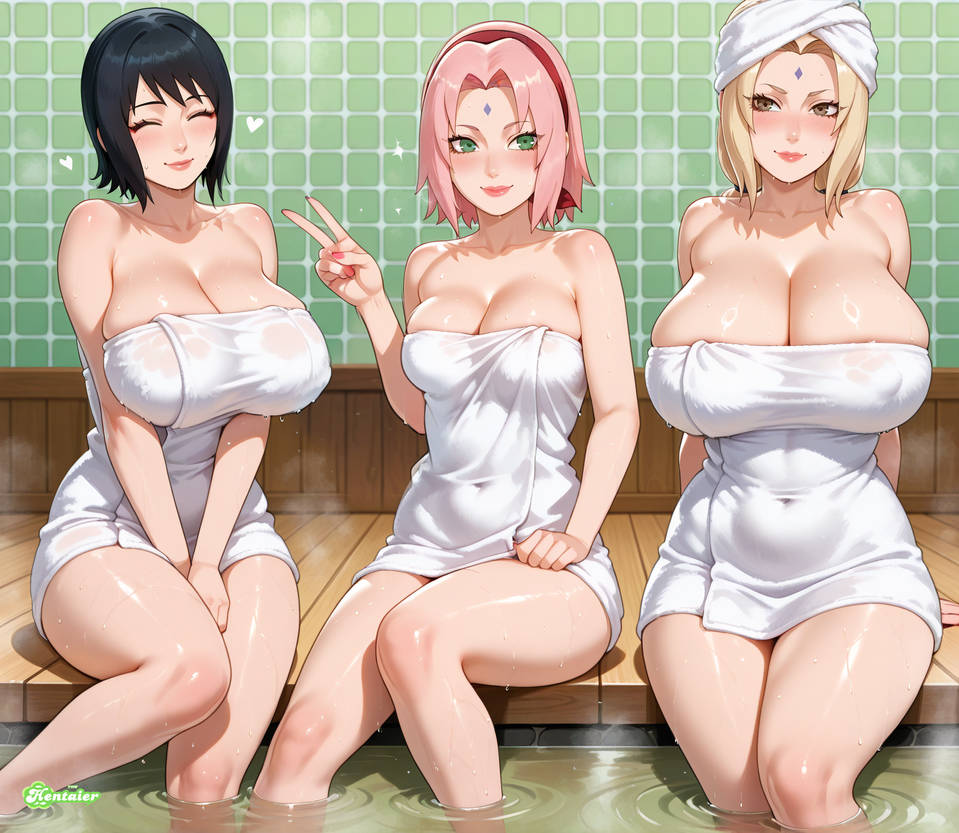 3girls ai_generated bathhouse black_hair blonde_hair breasts closed_eyes closed_mouth covered_erect_nipples female female_focus green_eyes huge_breasts large_breasts multiple_girls naruto naruto_(series) naruto_shippuden pink_hair sakura_haruno shizune short_hair smile take_your_pick teacher_and_student the_hentaier towel towel_on_head towel_only tsunade voluptuous yellow_eyes