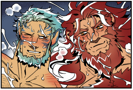 2boys after_sex animal_ears bara beard blush caineghis_(fire_emblem) chest_hair commentary_request commission cropped cum cum_on_body cum_on_chest facial facial_hair fire_emblem fire_emblem:_path_of_radiance fire_emblem:_radiant_dawn long_hair lowres male_focus mordecai_(fire_emblem) multiple_boys one_eye_closed red_hair thick_chest_hair tianran_yen upper_body yaoi