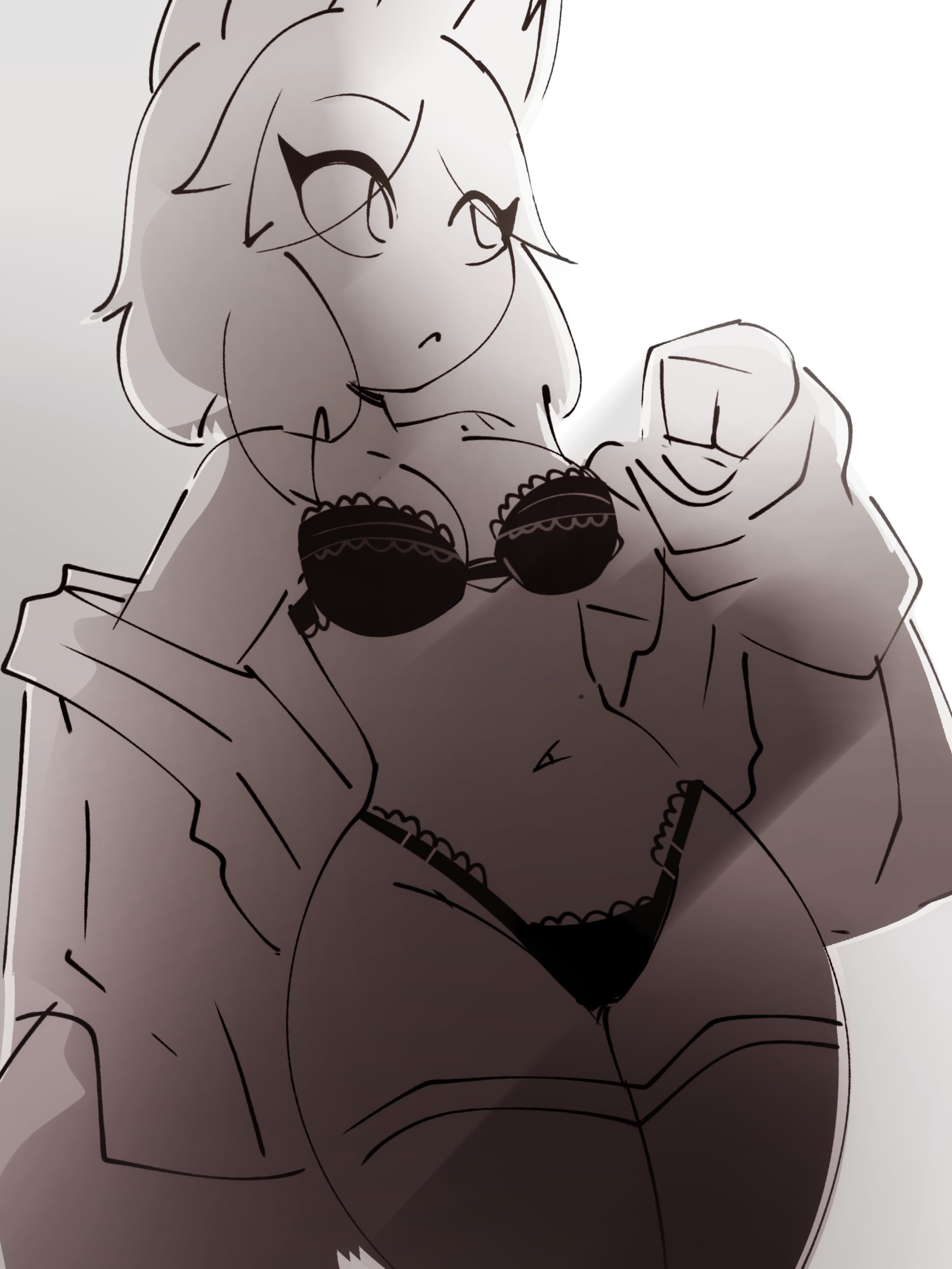 1girls, animal ears, belly button, big hips, big thighs, black and white, bra, cathie (rivergravidade), eyelashes, eyelashes visible through hair, female, female focus, female only, frilled bra, frilled panties, looking to the side, mostly nude, mostly nude female, oc, original, original art, original artwork, original character, originalcharacter, panties, removing clothing, rivergravidade, ryvaine (rivergravidade), short hair, solo, solo female, solo focus, tagme, tagme (artist), tagme (character), taking off shirt, thigh highs, thighhighs, wide hips