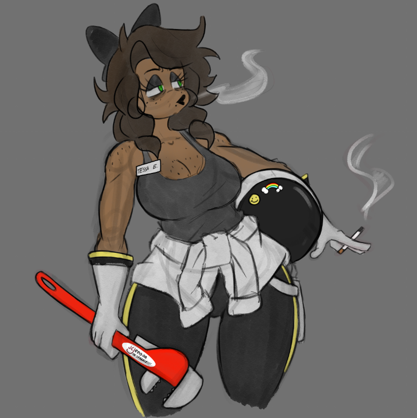 aged_up alternate_breast_size crop_top female_only large_breasts milf murder_drones rhizu rhizudraws smoking tessa_elliot wrench