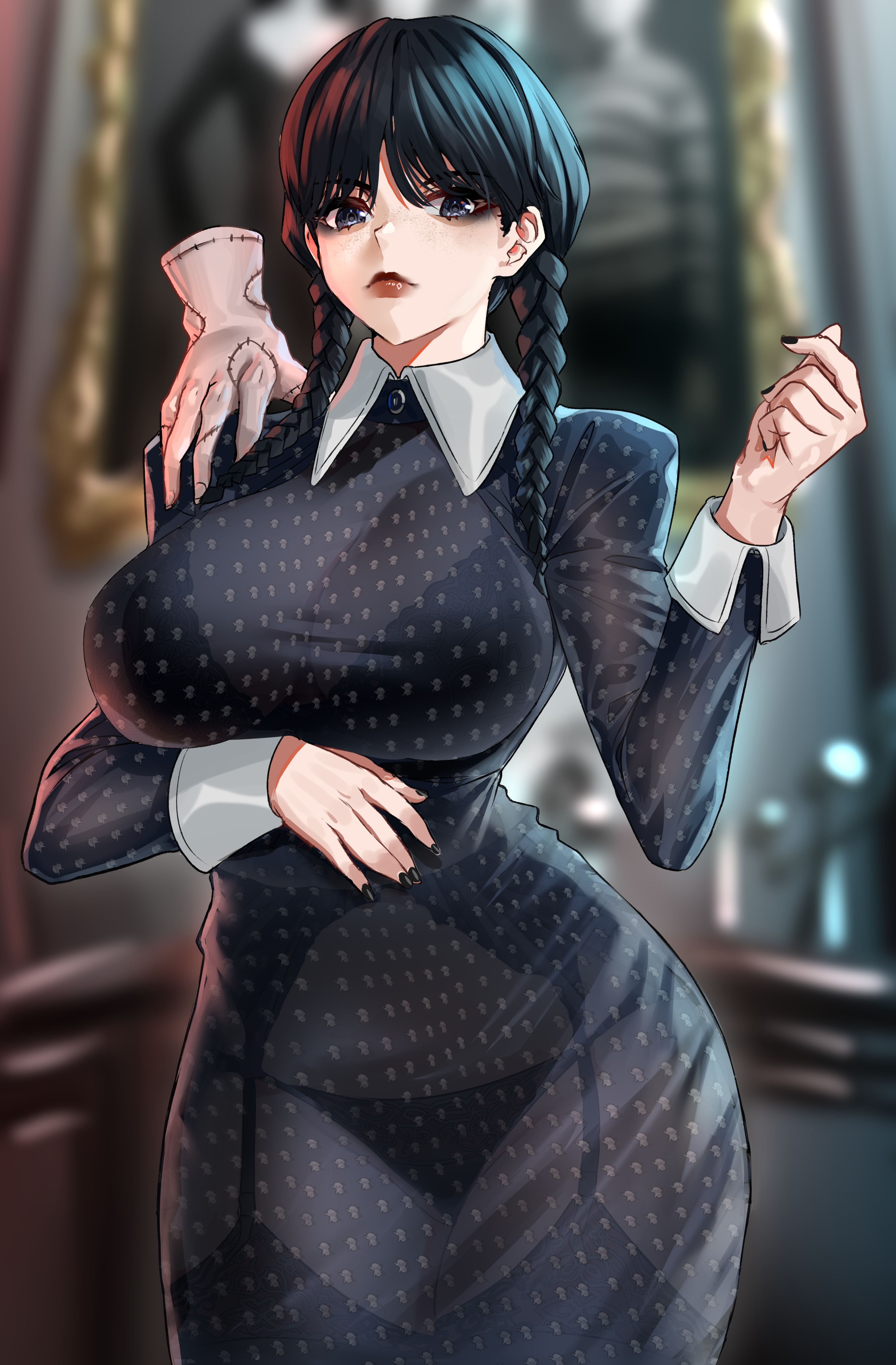 1girls, aged up, alternate breast size, big breasts, black bra, black dress, black eyes, black garter belt, black garter straps, black hair, black lingerie, black lipstick, black pantyhose, black stockings, black thong, bra, bra visible through clothes, braid, breasts, cleavage, clothing, dress, enmanuelart20, female, female only, figure, garter belt, garter straps, goth, goth girl, huge breasts, lingerie, long hair, looking at viewer, low twin braids, netflix, panties, panties visible through clothing, see-through, see-through clothing, sheer clothing, solo, standing, stockings, tagme, the addams family, thick thighs, thighhighs, thighs, thing (addams family), thong, twin braids, twintails, wednesday (netflix), wednesday addams