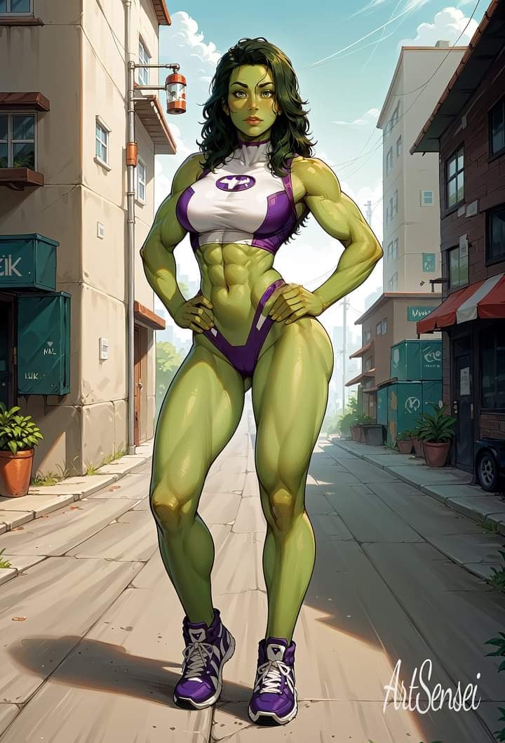 abs ai_generated artsensei bare_legs bare_shoulders biceps blue_sky brand_name_imitation breasts building cameltoe car city clothing cloud colored_skin crop_top day female female_only footwear green_eyes green_hair green_skin hands_on_hips hands_on_own_hips highleg house hulk_(series) jennifer_walters large_breasts lips long_hair looking_at_viewer marvel marvel_comics medium_breasts midriff muscle muscular muscular_female navel obliques outdoors plant road she-hulk shoes sky sneakers solo sports_bikini sports_bra standing street superheroine thick_thighs thighs toned underwear window