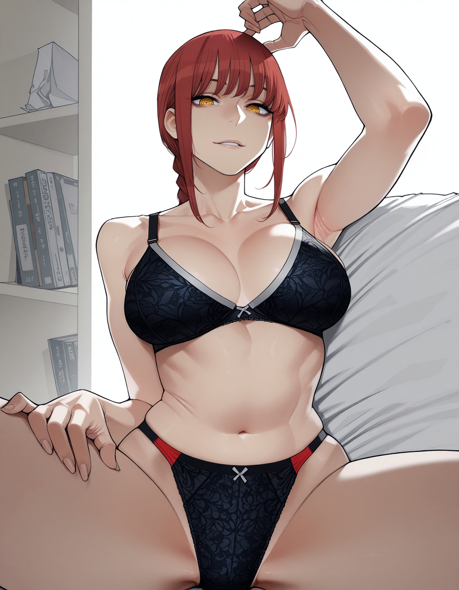 1girls, ai generated, black bra, black panties, bra, chainsaw man, female, makima (chainsaw man), panties, red hair, solo, underwear, underwear only, yellow eyes, zloimakak