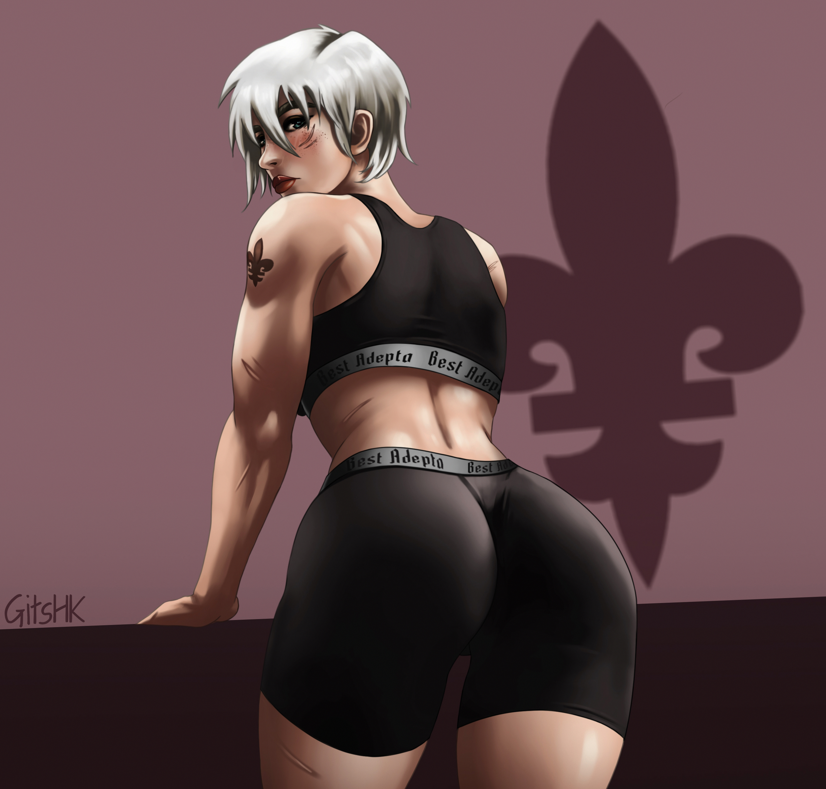 1girls, adepta sororitas, ass, bike shorts, female, gits-hk, sister of battle, spandex, spandex clothing, spandex shorts, sports bra, sports panties, tease, teasing, warhammer (franchise), warhammer 40k, white hair