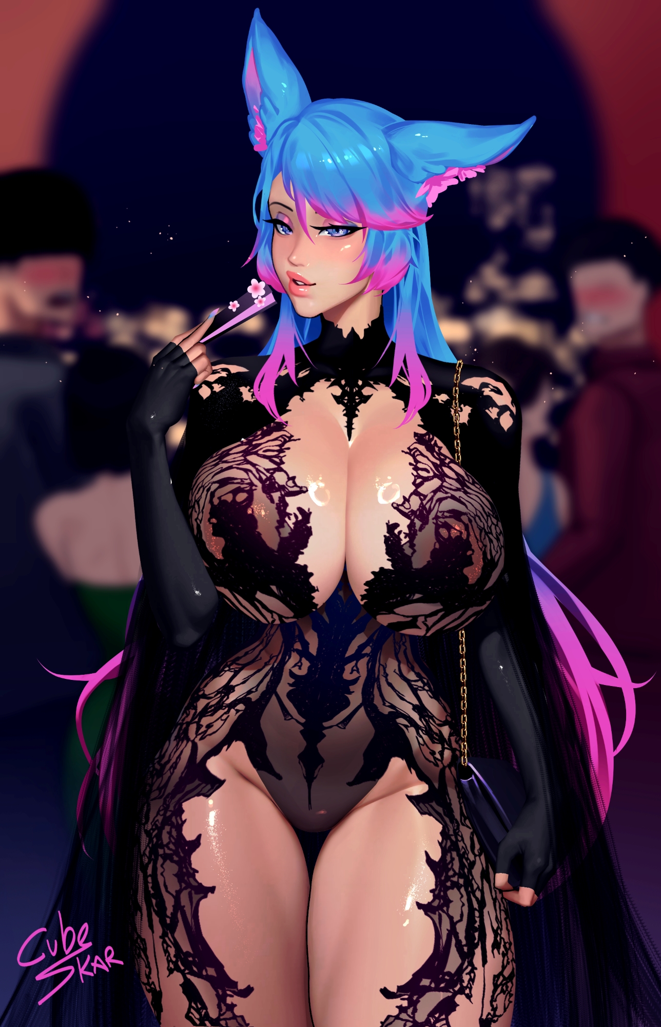 1girls, blue hair, breasts, cubeskar, dress, female, female only, fingerless gloves, gradient hair, hi res, large breasts, light skin, light-skinned female, looking at viewer, multicolored hair, silvervale, thick thighs, thighs, two-tone hair, virtual youtuber, vtuber, wolf ears, wolf girl
