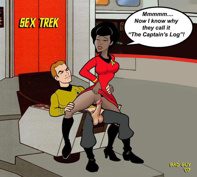 2007 bad_guy boots captain's_chair clothed_sex dark_skin dialogue duo english_text female golden_shirt human interracial james_t._kirk male no_panties nyota_uhura red_shirt reverse_cowgirl_position riding ships_bridge sitting skirt_lift speech_bubble star_trek starfleet_insignia starfleet_uniform vaginal_penetration veiny_penis vulva