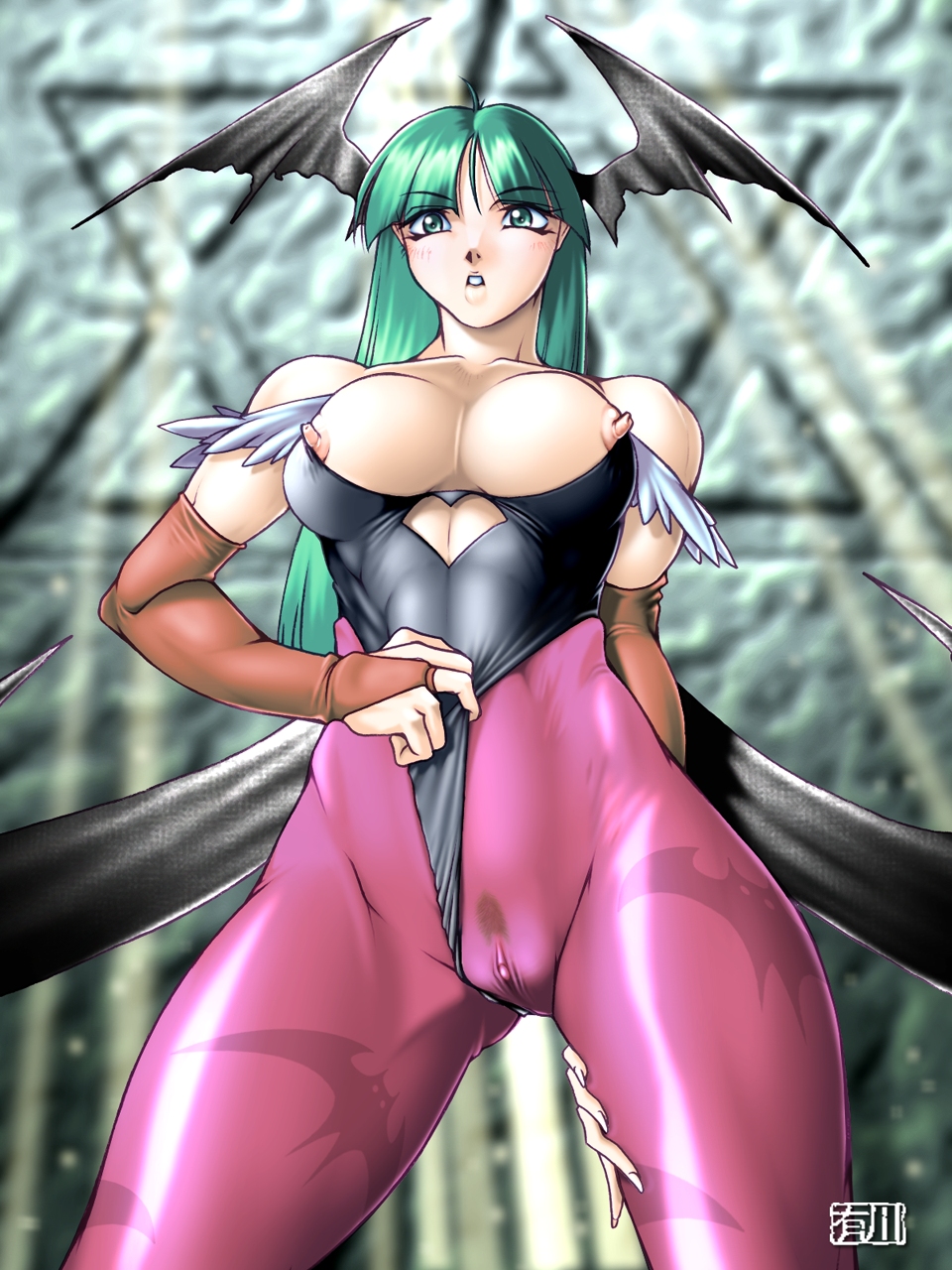 arikawa bare_shoulders bat bats breasts cameltoe capcom clitoris clitoris_through_clothes clothing darkstalkers demon_girl elbow_gloves erect_clitoris erect_nipples gloves green_hair head_wings headwings highres large_breasts lips long_hair medium_breasts morrigan_aensland pantyhose pubic_hair pussy see-through see-through_clothing skin_tight succubus uncensored vagina wings