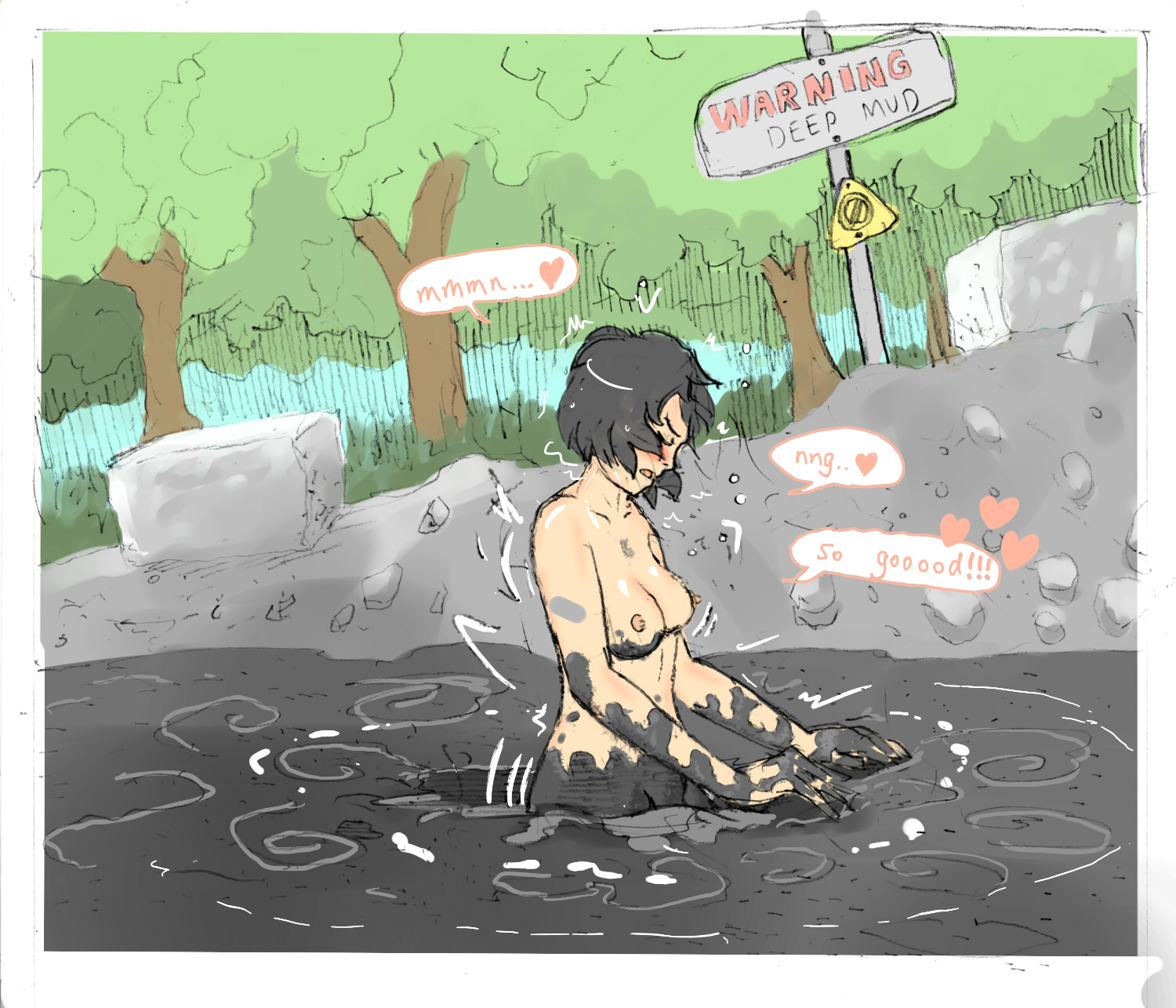 black hair, blush, breasts, closed eyes, female, mud, muddy, nude, quicksand, silkyfriction, sinking, tagme