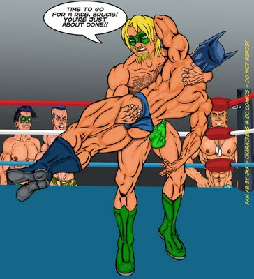 2boys abs arm_between_legs ass audience balls_outline batman batman_(series) biceps black_hair blonde_hair blue_hair boots bruce_wayne bulge camouflage_shorts chest_hair cowl dc_comics dog_tags erection_under_clothes facial_hair facial_tattoo gay green_arrow green_arrow_(series) green_lantern green_lantern_(series) hal_jordan hand_on_ass justice_league ko legs_together lifting_person male male_nipples male_only mask multiple_boys multiple_males muscles oliver_queen pecs penis_shaped_bulge penis_under_clothes shorts shorts_up star_tattoo text topless unknown_character vpl wrestling wrestling_ring yaoi