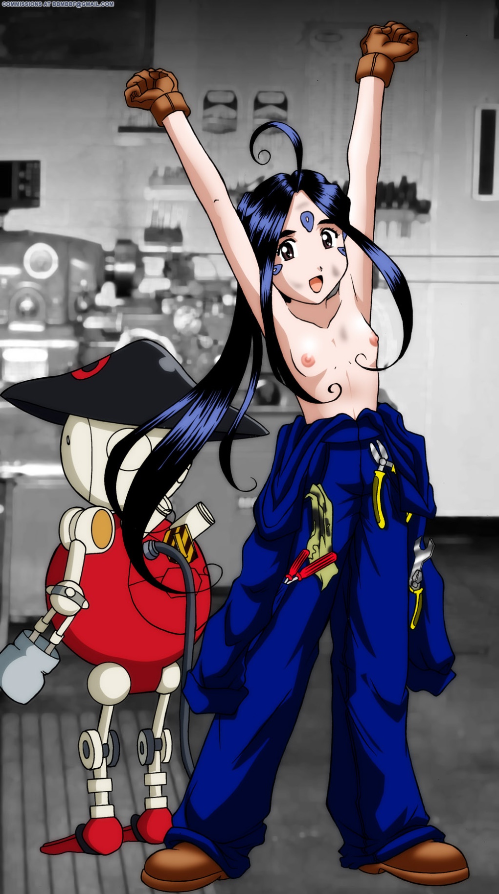 arms_up banpei banpei-kun bbmbbf clothing female flat_chest oh_my_goddess! pointy_chin skuld topless