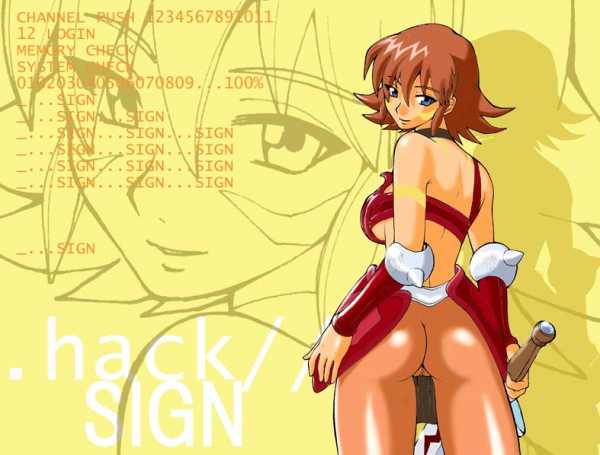 .hack .hack//sign armor ass blue_eyes bra breasts brown_hair english jpeg_artifacts lingerie looking_back mimiru pantyhose pussy short_hair sideboob smile spikes sword underwear weapon