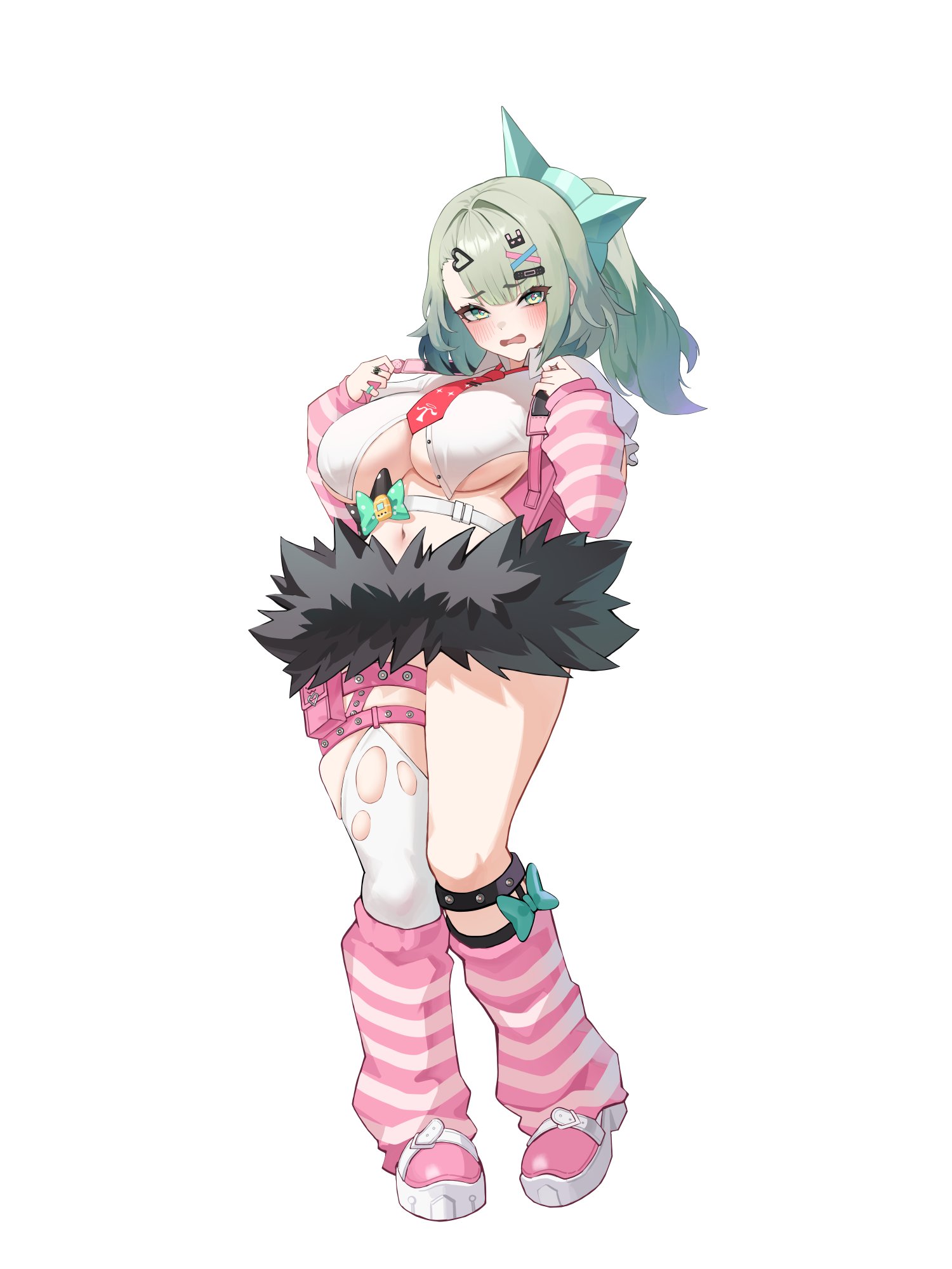 1girls, adapted costume, aged up, alternate body type, alternate breast size, angels of delusion, big breasts, blush, curvy, embarrassed, female, female focus, female only, large breasts, musclexm, open mouth, standing, sunna (zenless zone zero), thick thighs, wide hips, zenless zone zero
