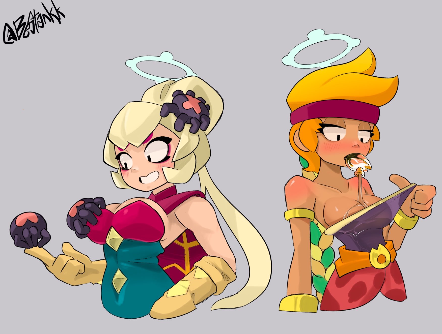 amber (brawl stars), bestankk, blonde hair, blush, bodysuit, braid, brawl stars, breasts, charlie (brawl stars), cleavage, gadget (brawl stars), gadget use (brawl stars), gloves, headband, large breasts, long hair, neckwear, orange hair, ouzzxz, pouring, pouring on self, pulling clothing, sideboob, skirt, slim waist, spider, tagme, tan body, tied hair, tight clothing, wet