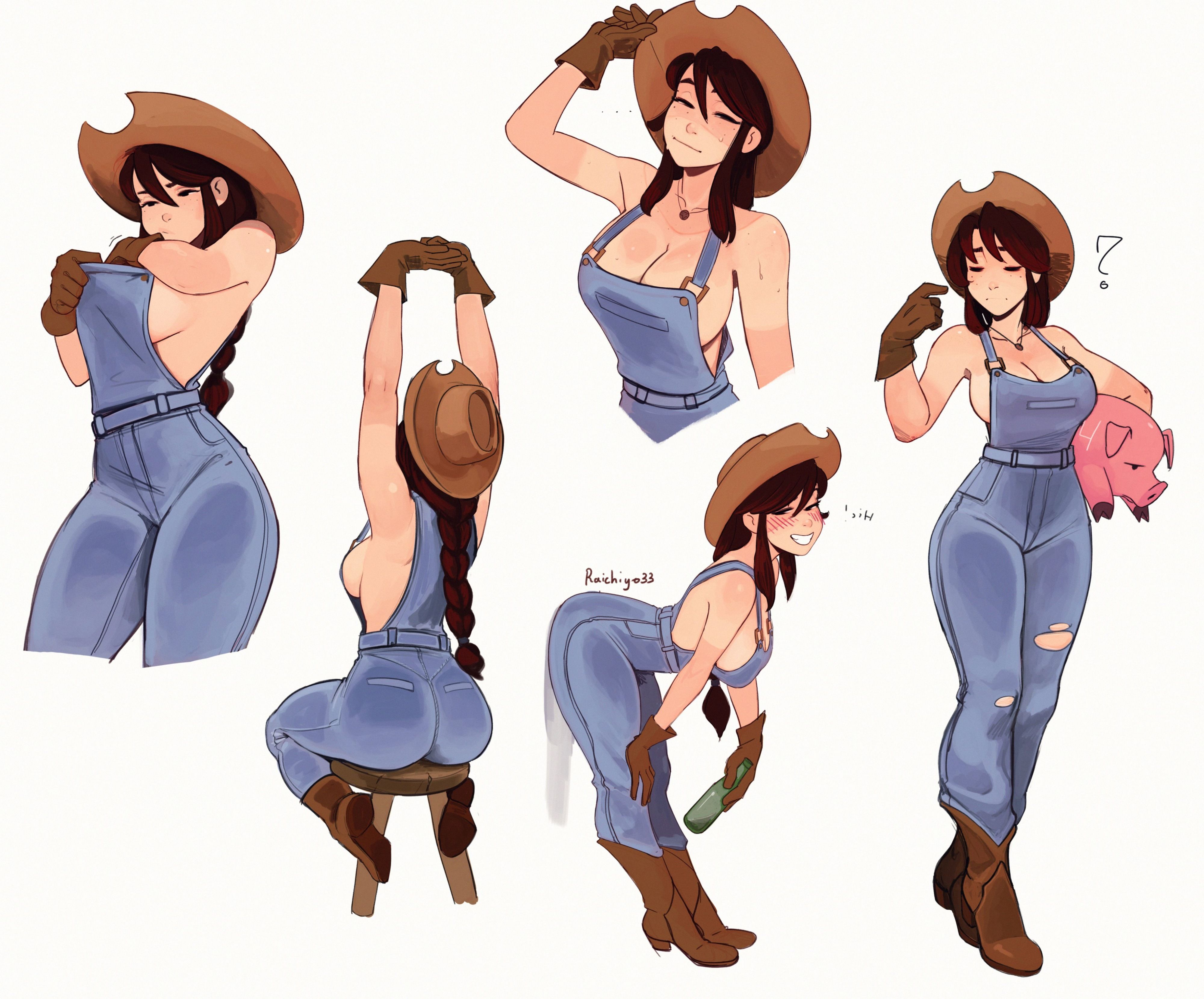 1girls, ass, breasts, cleavage, drunk, farmer, farmgirl, female, female only, nothing under overalls, overalls, overalls only, raichiyo33, sideboob, tagme