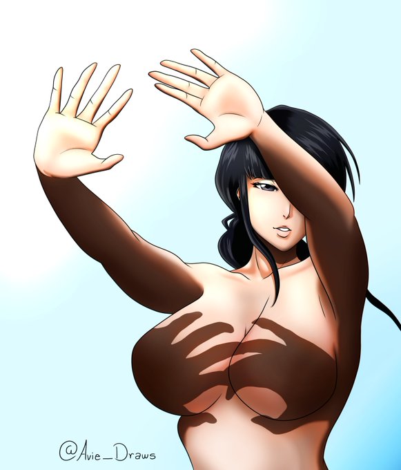 artist request, big breasts, black hair, bleach, braided hair, busty female, curvy female, fully nude, hands casting shadow, hands up, juicy lips, kurotsuchi nemu, long hair, midriff, pose, shadow, trend