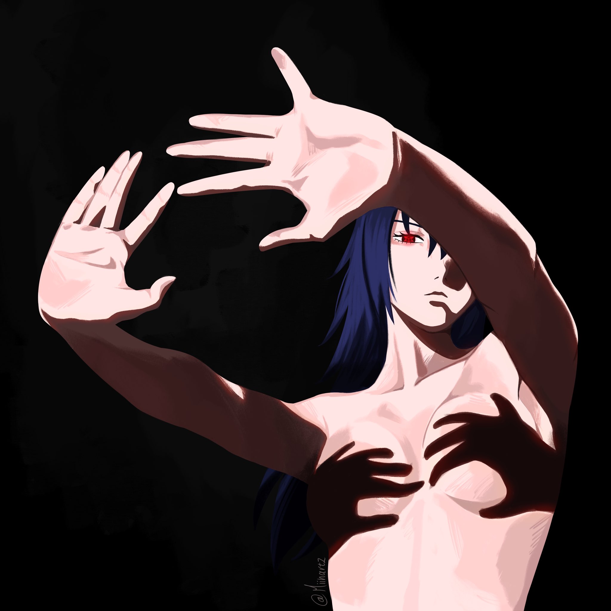 1girls, 2026, 2d, 2d (artwork), absurd res, absurd resolution, absurdres, armpit, artist name, black background, blue hair, breasts, close-up, dark background, eyelashes, female, female focus, female only, gender transformation, genderswap, genderswap (mtf), hands casting shadow, hi res, high resolution, highres, human, human only, long hair, looking at viewer, meme, meme pose, meme reference, messy hair, miihartz, naruto, naruto (series), naruto shippuden, no bra, petite, petite body, petite female, pinup, pose, posing, questionable, reaching out, red eyes, rule 63, sasuke uchiha, sasuko, shadow, sharingan, shonen jump, shounen jump, shueisha, silhouette, simple background, small breasts, solo, solo female, solo focus, spread fingers, teen, teen girl, teenage female, teenage girl, teenager, topless, topless female, uchiha sasuke, upper body, upper body only, very high resolution, wavy hair, weekly shonen jump, weekly shounen jump