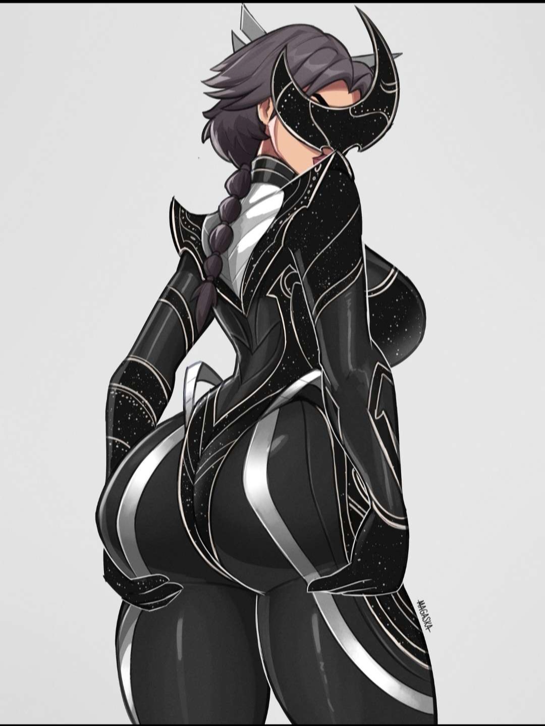 armor, big ass, big breasts, big butt, fortnite, fortnite: battle royale, grey hair, looking at viewer, looking back, magaska19, selene (fortnite)