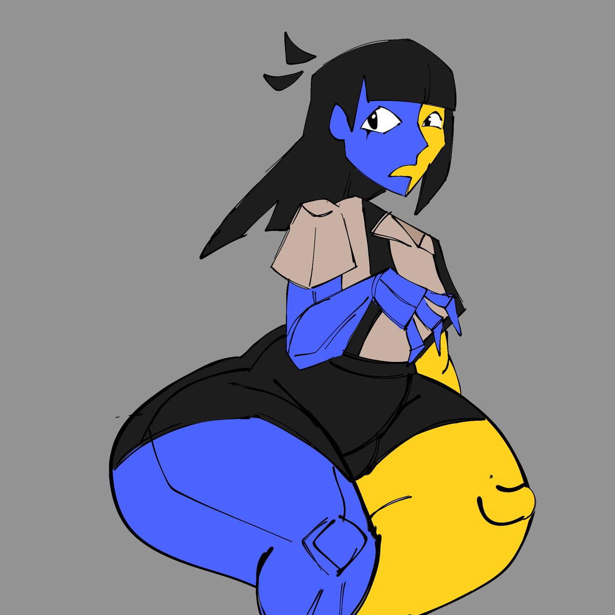 black eyes, black hair, blue body, breasts, ena, ena (series), long hair, shirt, sitting, skirt, slim waist, small breasts, suspenders, tagme, thick ass, thick female, thick thighs, thunder thighs, vic status, wide hips, yellow body