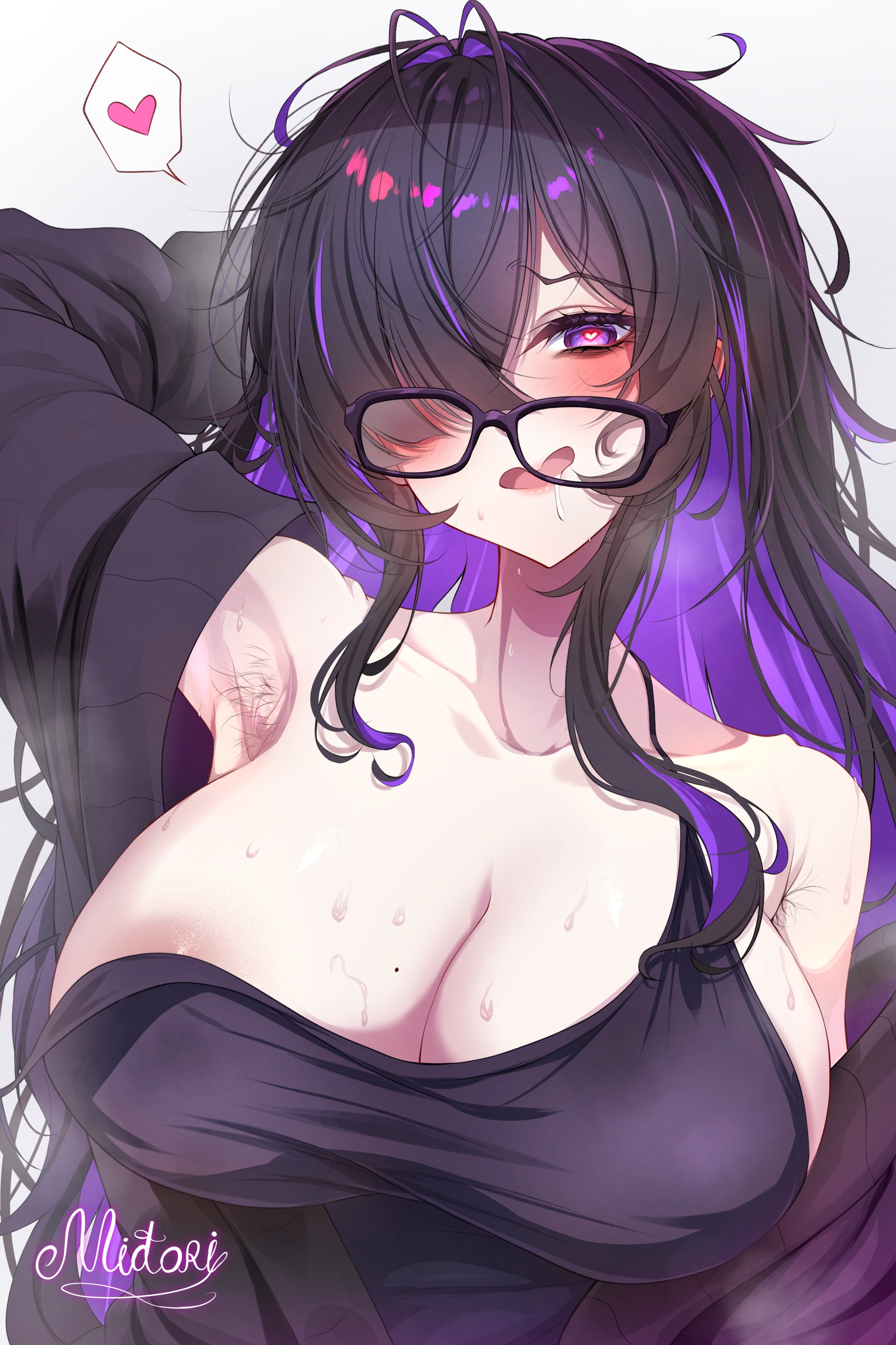 armpit fetish, big breasts, black hair, cleavage overflow, glasses, goddess of victory: nikke, hair over one eye, hairy armpits, hand behind head, heart eyes, label (nikke), long hair, midori 13579, nikke, nipple slip, pink nipples, purple hair, shirt down