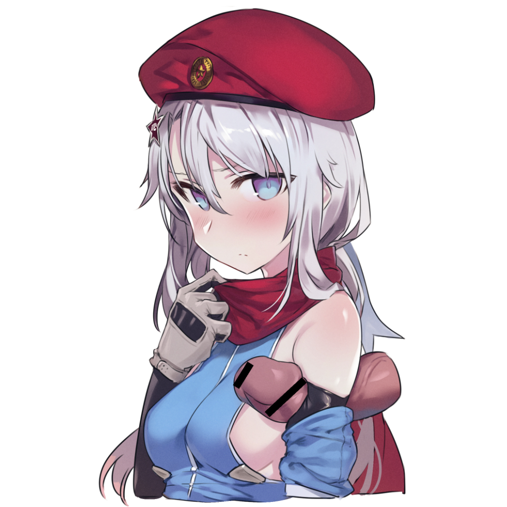 9a-91_(girls_frontline) armpit_sex bangs bar_censor beret black_gloves blue_eyes blush breasts censored closed_mouth cropped_torso disembodied_penis elbow_gloves erection female girls'_frontline gloves grey_gloves hair_between_eyes hat kylin long_hair low_ponytail medium_breasts penis pointless_censoring red_scarf scarf sideboob silver_hair simple_background solo straight tsurime upper_body white_background