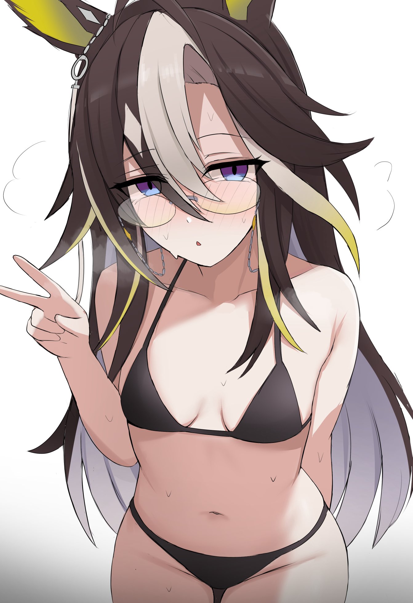 2d, blushing, dream journey (umamusume), female, female only, glasses, horse ears, horse girl, long hair, looking at viewer, namikare, peace sign, sweating, umamusume, umamusume pretty derby, underwear, underwear only, white and black hair