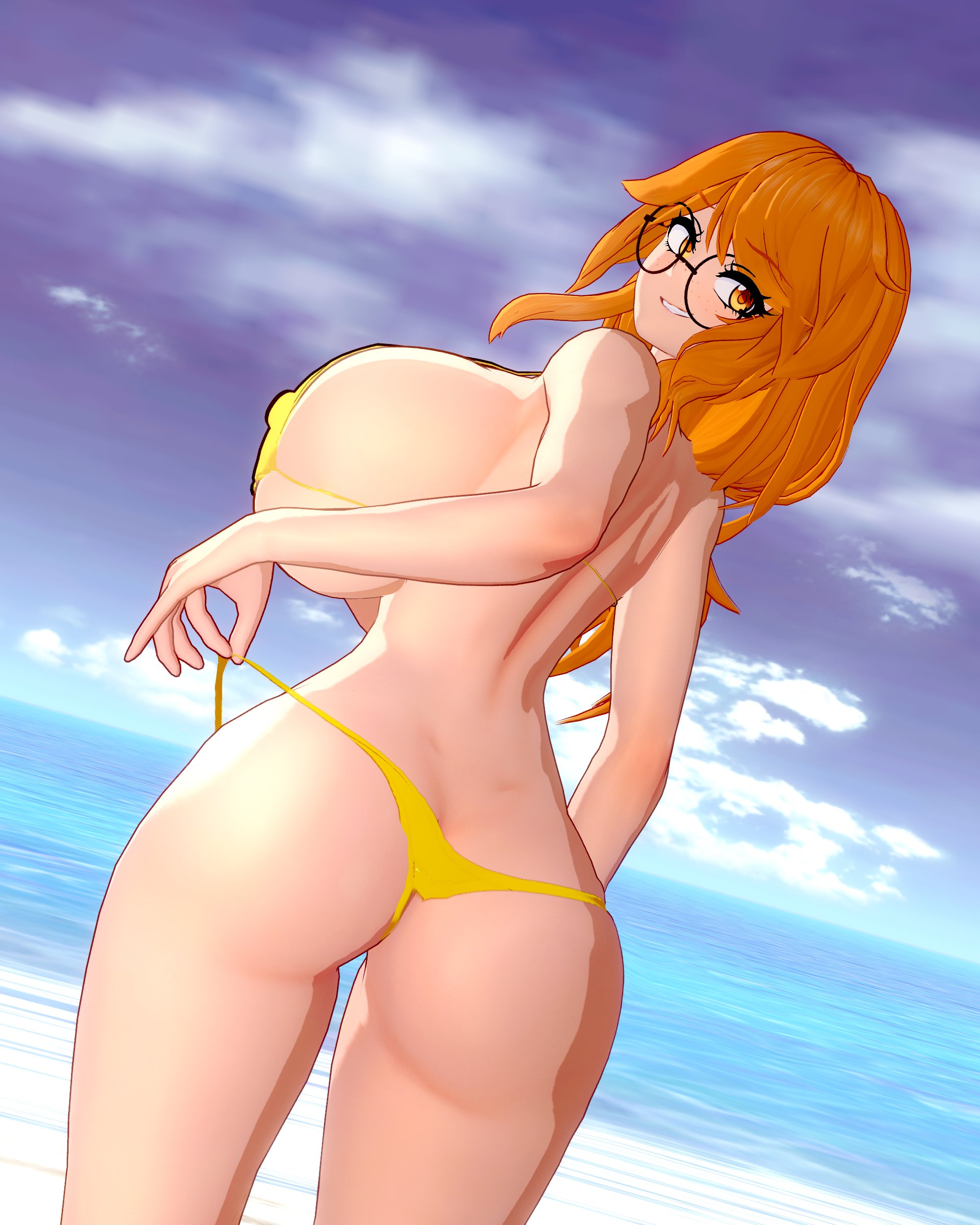 1girls, 2026, 3d, 3d (artwork), 3d model, 3d render, back view, big breasts, female, female focus, female only, freckles, freckles on face, glasses, golden week, koikatsu, light skin, light-skinned female, lina (scratch-key), looking back, orange eyes, orange eyes female, orange hair, orange hair female, original, scratch-key, solo, solo female, solo focus, wearing glasses