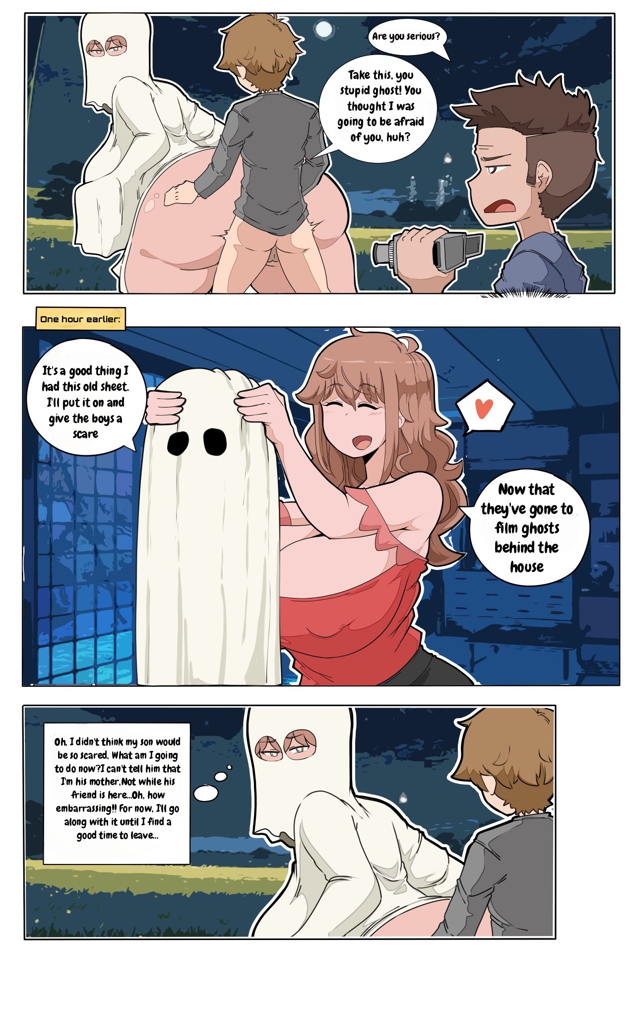 accidental incest, age difference, ass, big ass, big breasts, blanket, breasts, comic, comicomryu, costume, delicia (comicomryu), disguise, doggy style, female, ghost costume, incest, mistaken identity, mother and son, penetration, recording, sheet ghost, small dom big sub, spanish text, translated, wide hips