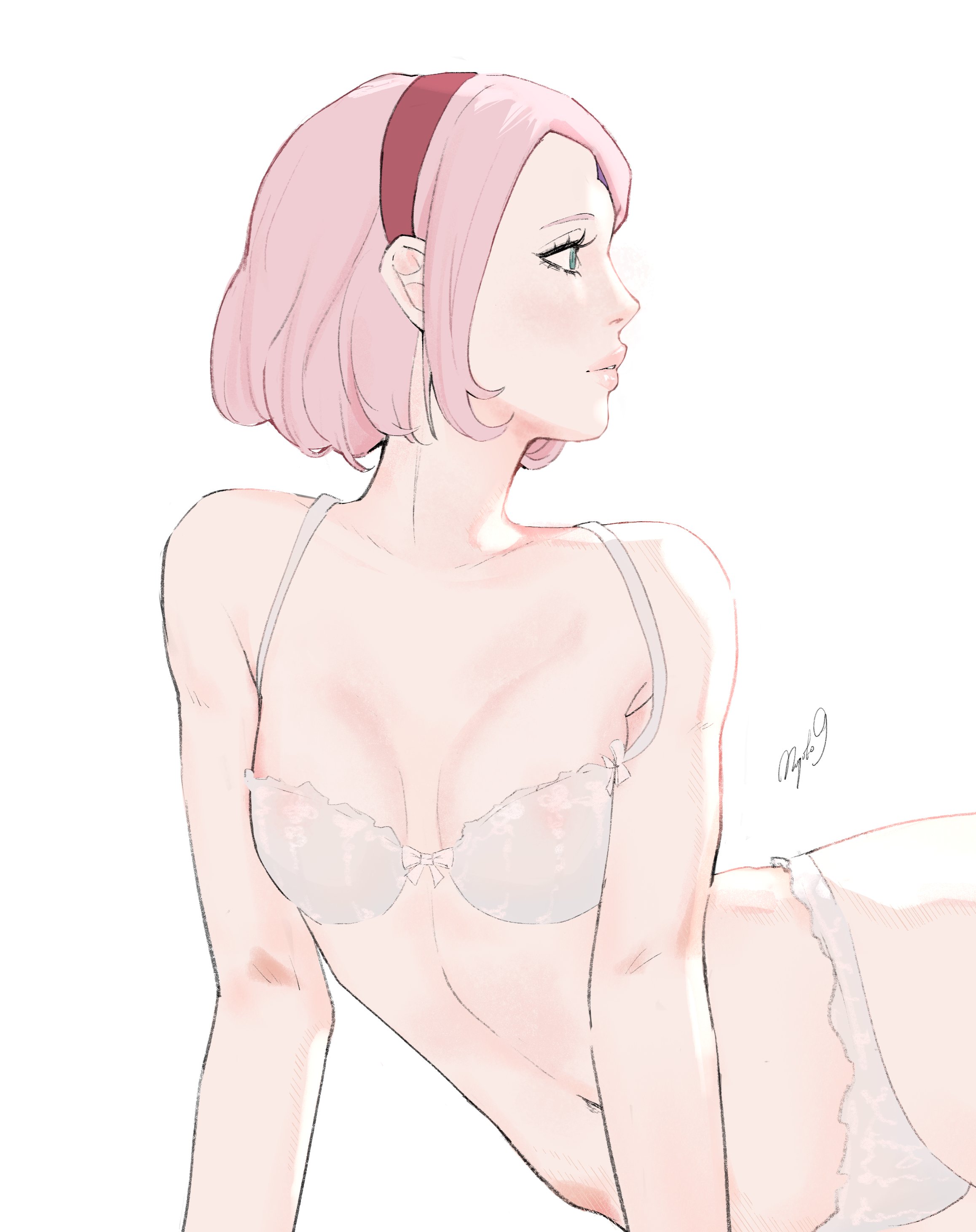 1girls, 2d, 2d (artwork), absurd res, absurd resolution, absurdres, artist signature, bare arms, bare shoulders, bare thighs, belly button, bob cut, boruto: naruto next generations, bra, cleavage, cute, eyelashes, female, female focus, female only, forehead jewel, forehead mark, green eyes, hairband, haruno sakura, head tilt, hi res, high resolution, highres, light skin, light-skinned female, lingerie, looking away, looking to the side, lying, lying on side, makeup, mature, mature female, mature woman, medium breasts, medium hair, messy hair, milf, miqoto9, naruto, naruto (series), naruto shippuden, naruto: the last, on side, pale skin, pale-skinned female, panties, parted lips, petite, petite body, petite breasts, petite female, pink lips, pink lipstick, pinup, questionable, sakura haruno, sakura uchiha, shonen jump, shoulder length hair, shounen jump, shueisha, simple background, small breasts, solo, solo female, solo focus, thighs, uchiha sakura, underwear, very high resolution, weekly shonen jump, weekly shounen jump, white background, white bra, white lingerie, white panties, white skin, white underwear