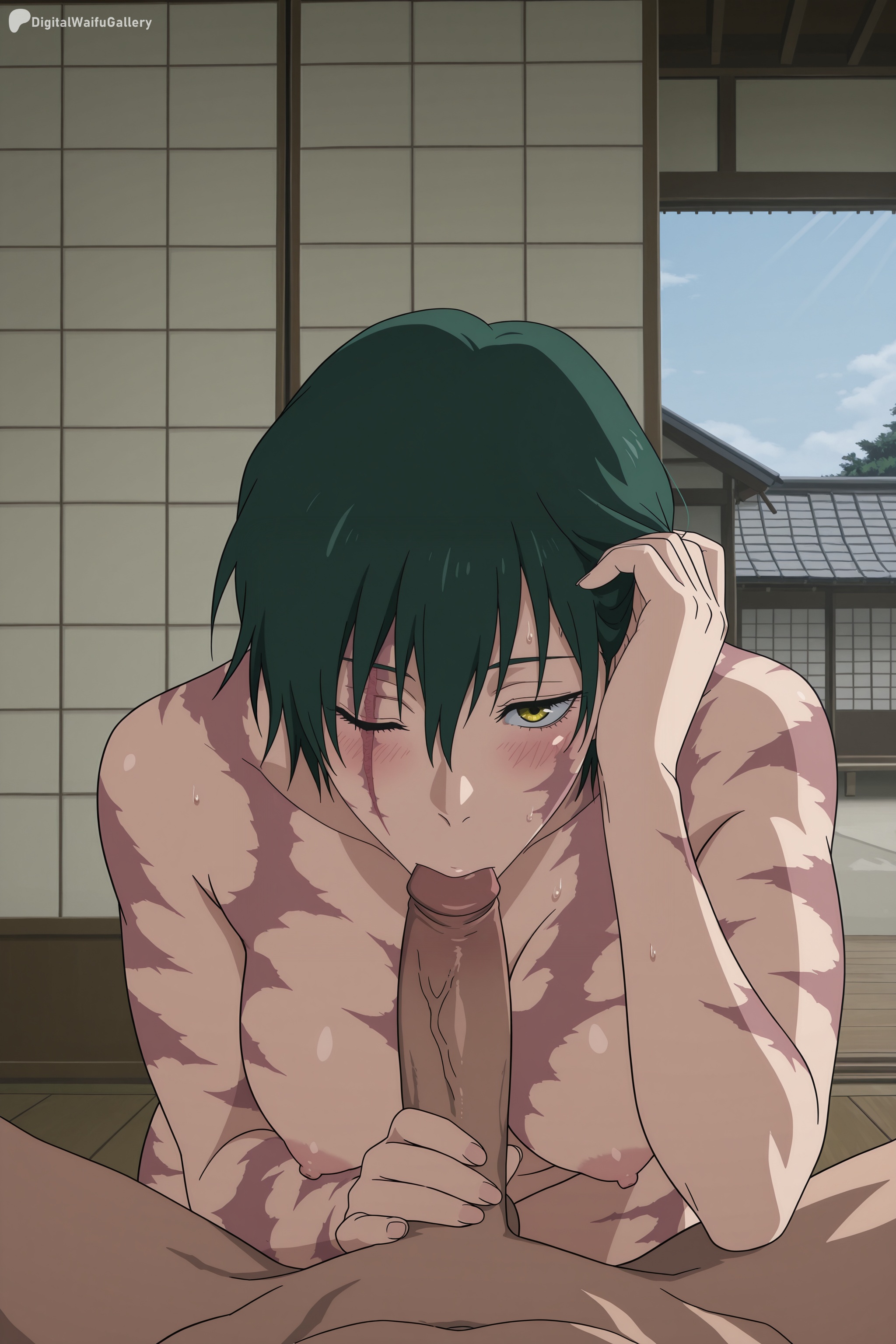 1boy, 1girl, adjusting hair, ai generated, architecture, blush, breasts, completely nude, digitalwaifugallery, east asian architecture, erection, fellatio, green hair, hair tucking, hetero, hi res, high quality, high resolution, indoors, jujutsu kaisen, large breasts, looking at viewer, nipples, nude, one eye closed, oral, patreon, penis, pov, pov crotch, scar, scar on face, seductive, sexy, short hair, shouji, sliding doors, solo focus, sweat, uncensored, veins, veiny penis, watermark, yellow eyes, zenin maki