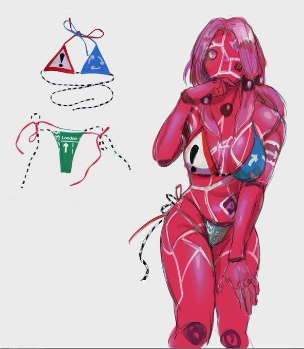 1girls, big breasts, bikini, breasts, cleavage, female, female focus, female only, hand on thigh, jojo's bizarre adventure, jojolion, map, paisley park, pink body, pink hair, recycling symbol, stand (jojo), stop sign, tagme, thick thighs, thighs