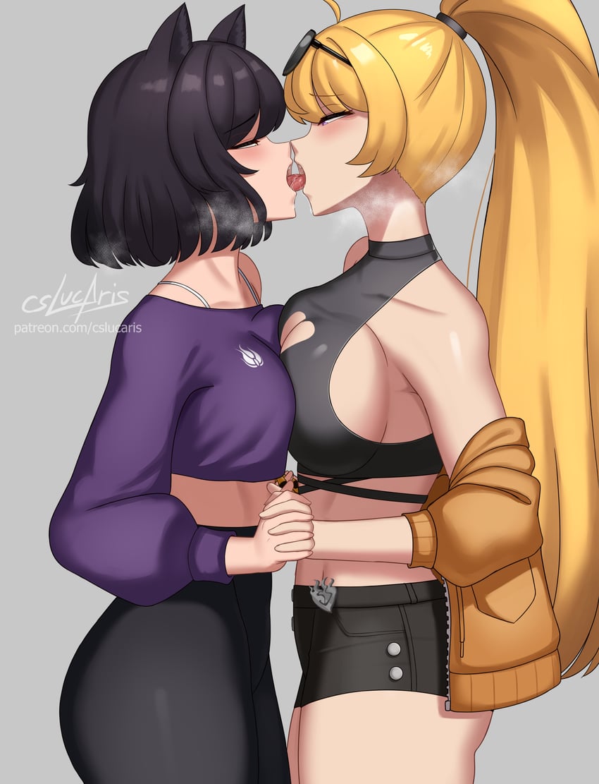 2girls, alternate costume, ass, black hair, blake belladonna, blonde hair, boob window, breasts, canon couple, cat ears, catgirl, colored, cslucaris, female only, female/female, french kiss, jacket, kissing, large breasts, lesbian kiss, midriff, ponytail, rooster teeth, rwby, shorts, steam, sunglasses, sunglasses on head, tagme, tight clothing, tongue, tongue kiss, tounge out, viz media, yang xiao long, yoga pants, yuri