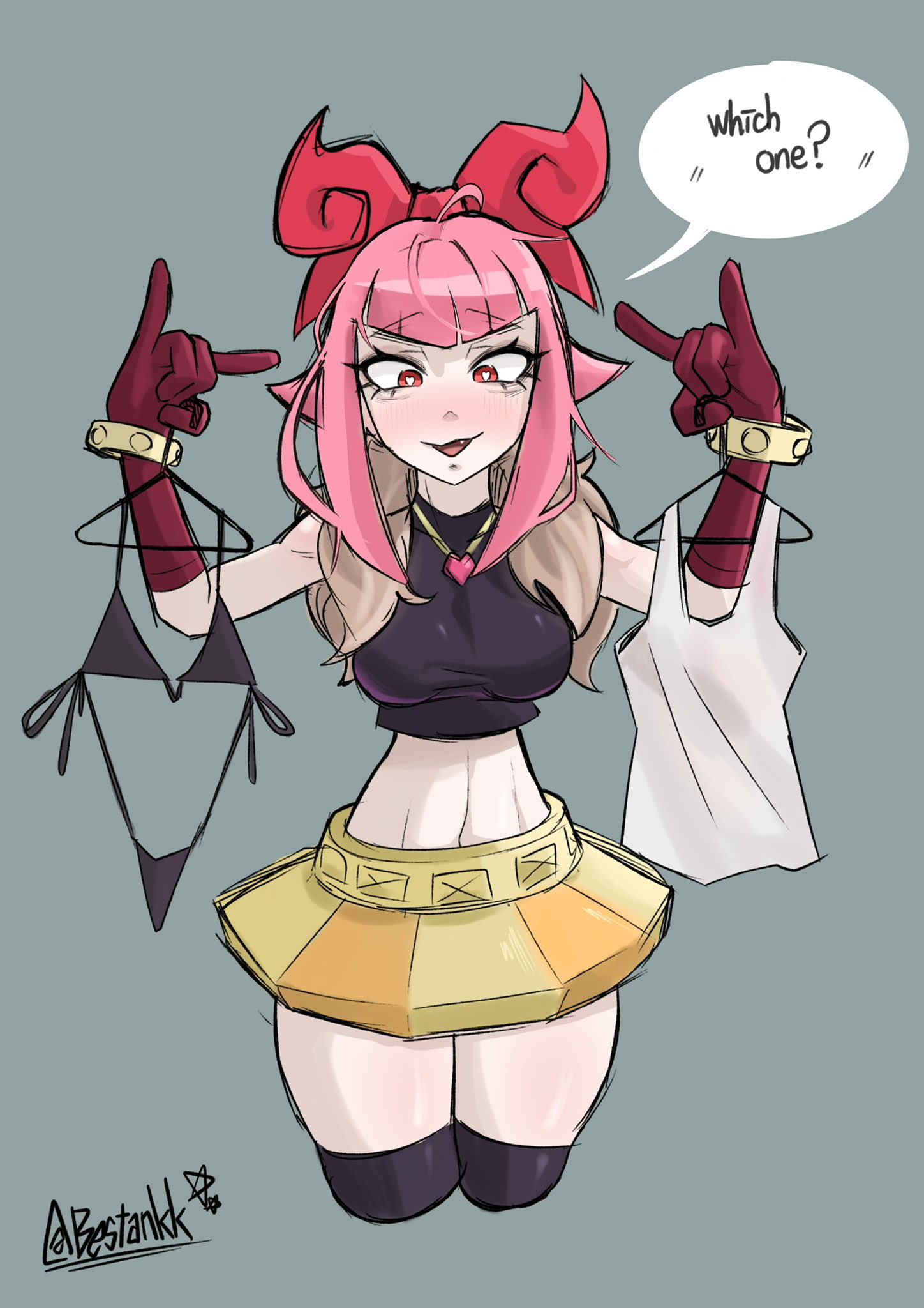 1girls, asking a question, bestankk, bow, brawl stars, breasts, english text, female, female only, fit, fit female, gloves, hairbow, heart, heart symbol, heart-shaped pupils, hearts, holding, holding object, human, long hair, looking at viewer, medium breasts, melodie (brawl stars), miniskirt, navel, options, ouzzxz, pink eyes, pink hair, red eyes, skirt, slim waist, solo, speech bubble, tagme, text, thick thighs, tight clothing, topwear, white heart, wide hips, yellow skirt