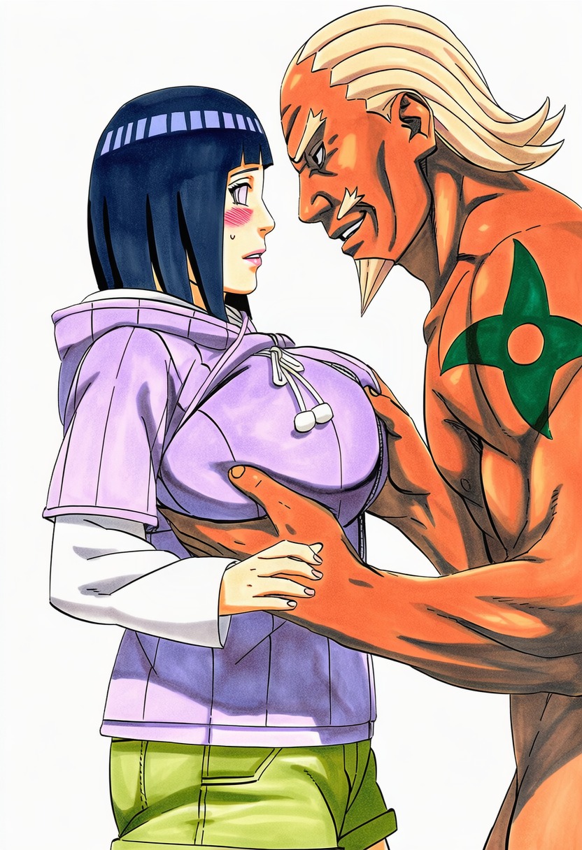 1boy, 1girls, 2d, accurate art style, accurate body type, ai generated, beard, big breasts, black hair, blonde hair, blush, blush stickers, boruto: naruto next generations, breast grab, breasts, busty, cel shading, clothed, clothed female nude male, clothing, completely nude, completely nude male, dark skin, dark-skinned male, duo, duo focus, eye contact, facial hair, female, from side, goatee, grabbing, grabbing another's breast, green shorts, grin, hands on breasts, hetero, high resolution, highres, hinata hyuuga, hood, hood down, hoodie, huge breasts, hyuuga hinata, large breasts, lavender eyes, light skin, light-skinned female, line art, lineart, long sleeves, looking at another, male, manga style, manly, masashi kishimoto style, mature female, milf, muscular, muscular male, mustache, naruto, naruto (series), naruto shippuden, nervous, nude, nude male, official style, parted lips, pink lips, pom pom (clothes), purple eyes, raihina, raikage, shiny hair, shiny skin, short hair, short shorts, shorts, side view, simple background, standing, straight, sweat, sweatdrop, sweater, tattoo, tattooed arm, thick eyebrows, thin eyebrows, uzumaki hinata, waifu, white background