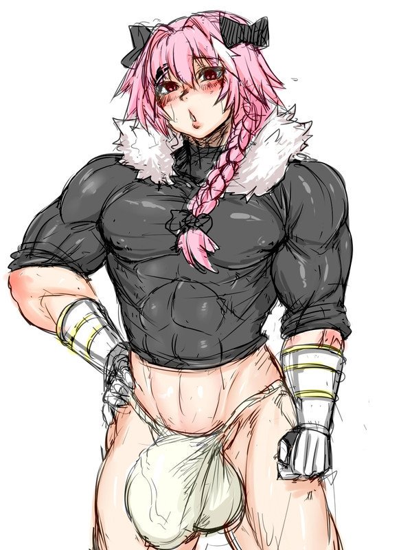 abs ambush_(trap) androgynous astolfo_(fate) black_bow braid bulge fate/apocrypha fate/grand_order fate_(series) hair_intakes hair_ribbon hand_on_hip huge_cock male_only muscle muscular pink_hair streaked_hair trap wrong wrong_(artist)