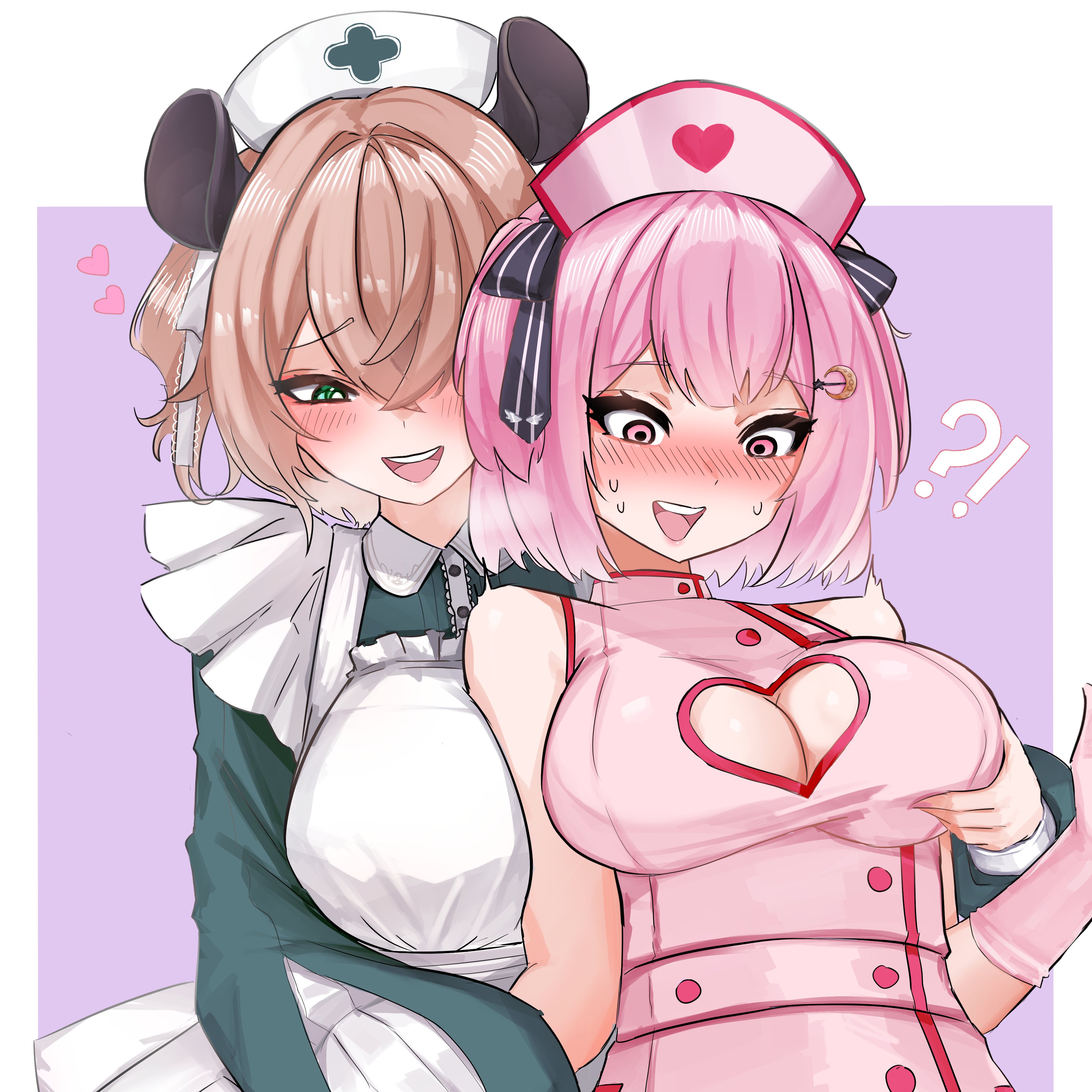 ?!, 0naer, 2girls, big breasts, blush, breast grab, breast size difference, breasts, brown hair, caught by surprise, cleavage cutout, duo, embarrassed, female, female only, green eye, heart, heart cutout, huge breasts, indie virtual youtuber, lemonleaf, light skin, light-skinned female, nimi nightmare, nose blush, nurse cap, nurse uniform, open mouth, pink eyes, pink hair, selfcest, surprised, tapir ears, tapir girl, uniform, virtual youtuber, yuri
