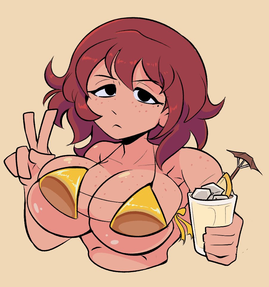 1girls, auburn hair, bananawithas, bikini top, black eyes, drink, female, freckles, freckles on breasts, freckles on face, freckles on shoulders, glass, golden week, hand up, holding object, juice, kim pine, peace sign, red hair, scott pilgrim, short hair, solo, solo female, yellow bikini top