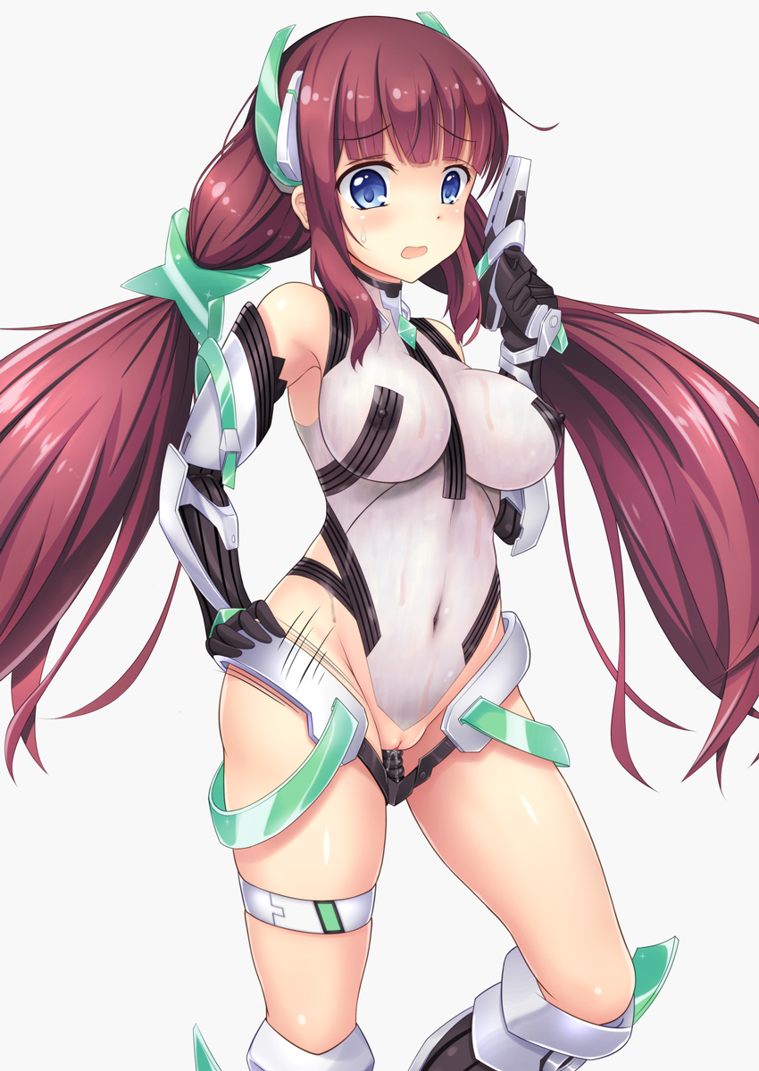 angela_balzac angela_balzac_(cosplay) bare_shoulders blue_eyes blush bodypaint bottomless breasts brown_hair clothing cosplay covered_navel dildo erect_nipples expelled_from_paradise female highres kishimen long_hair looking_at_viewer medium_breasts new_game! open_mouth painted_clothes pussy pussy_juice solo takimoto_hifumi twintails uncensored very_long_hair