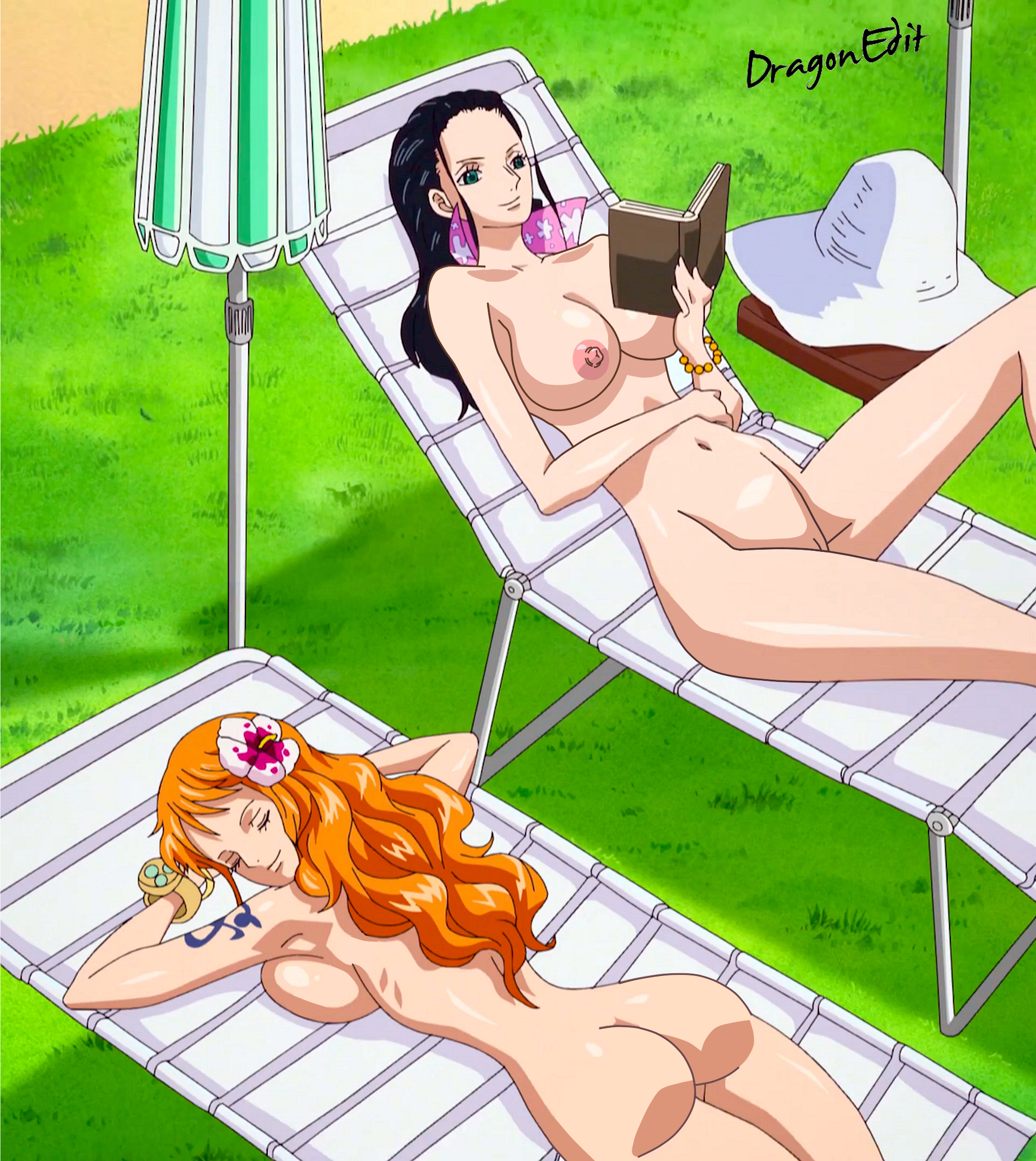 2girls, areolae, arm tattoo, ass, back, bare legs, black hair, black-haired female, blue tattoo, breast press, breasts, casual, casual nudity, curvy, dragonedit, erect nipples, female, female only, flower, grass, highres, human, legs, long hair, long legs, multiple females, multiple girls, nami (one piece), nico robin, nipples, nonsexual, nonsexual nudity, nude, nude filter, nudist, one piece, one piece film gold, orange hair, orange-haired female, pale skin, photoshop, post-timeskip, pussy, screencap, tattoo, tattoo on arm, tattooed arm, thighs, uncensored, wristwear